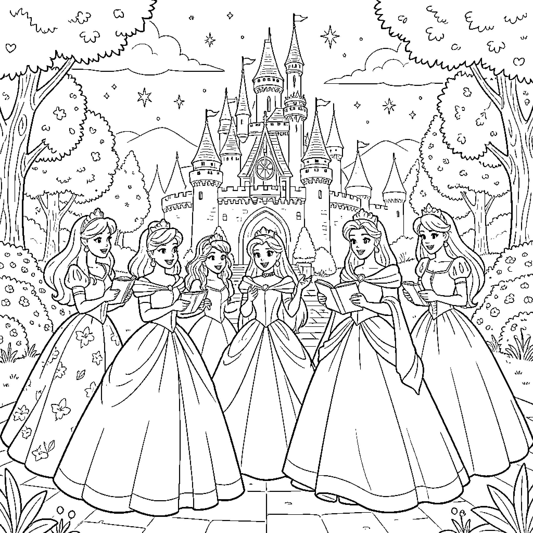Disney Princesses singing together in front of a castle Coloring Page (free black-and-white line drawing printable PDF for all, from beginners to advanced learners, including children, teens, adults, and seniors)