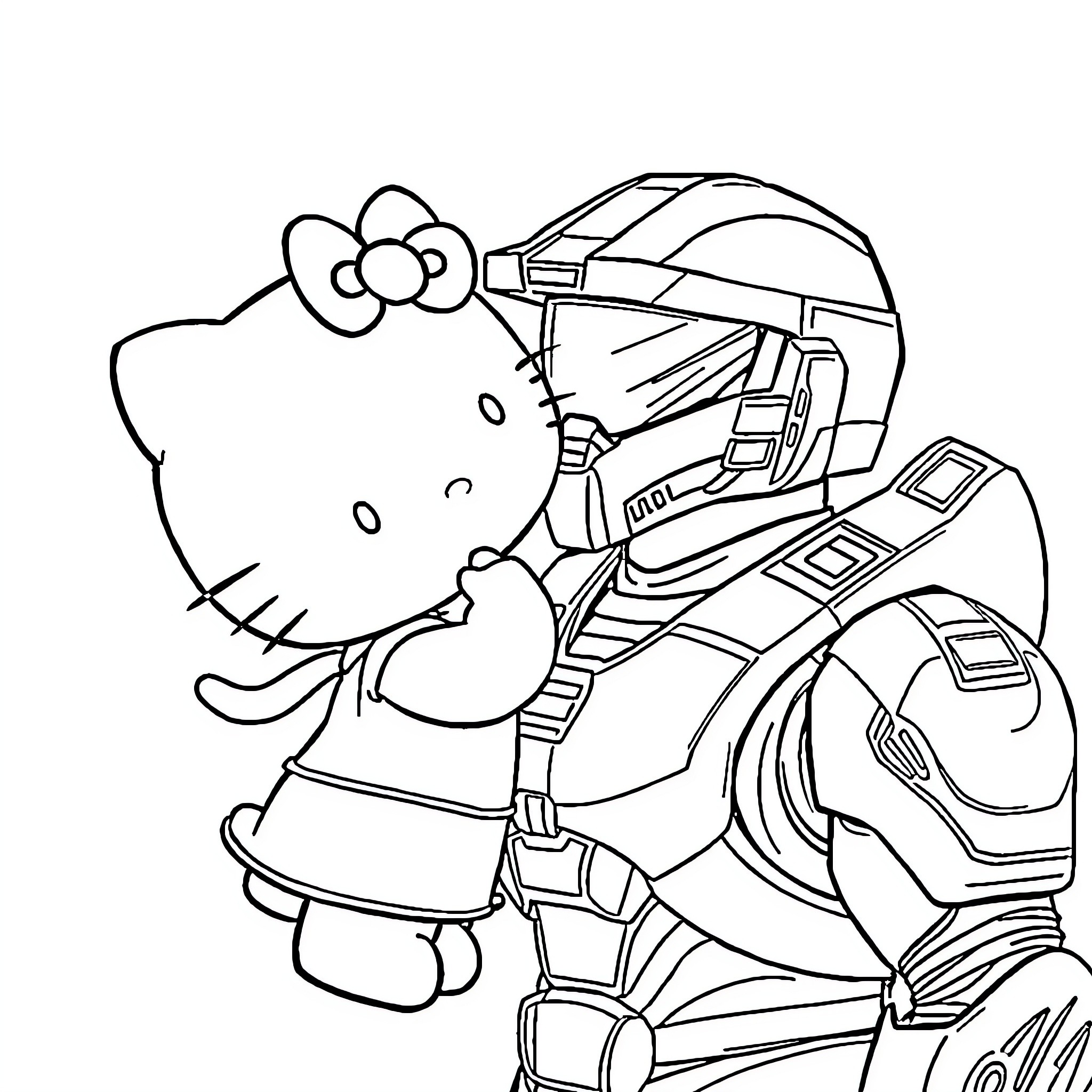 Hello Kitty in Futuristic Armor Coloring Page (free black-and-white line drawing printable PDF for all, from beginners to advanced learners, including children, teens, adults, and seniors)