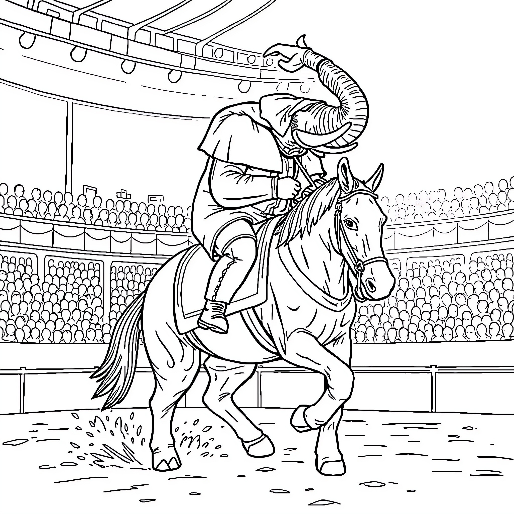 Elephant Performing Tricks on Horseback in Circus Arena Coloring Page (free black-and-white line drawing printable PDF for all, from beginners to advanced learners, including children, teens, adults, and seniors)
