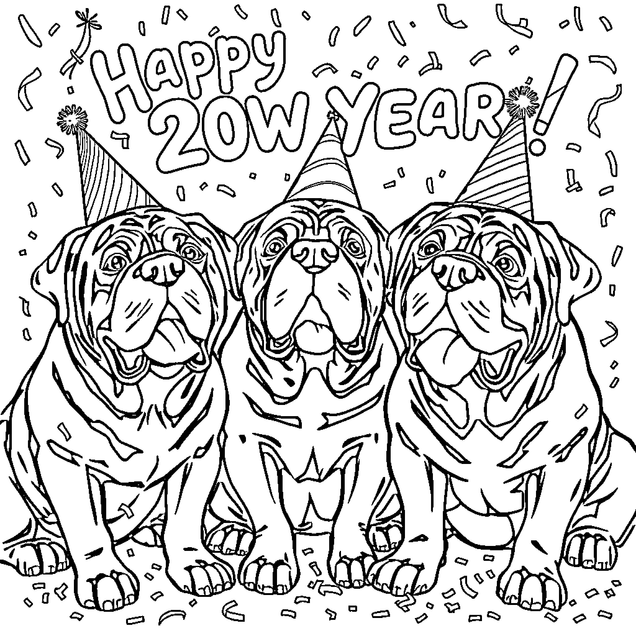 Bullmastiff dogs celebrating New Year's Eve Coloring Page (free black-and-white line drawing printable PDF for all, from beginners to advanced learners, including children, teens, adults, and seniors)