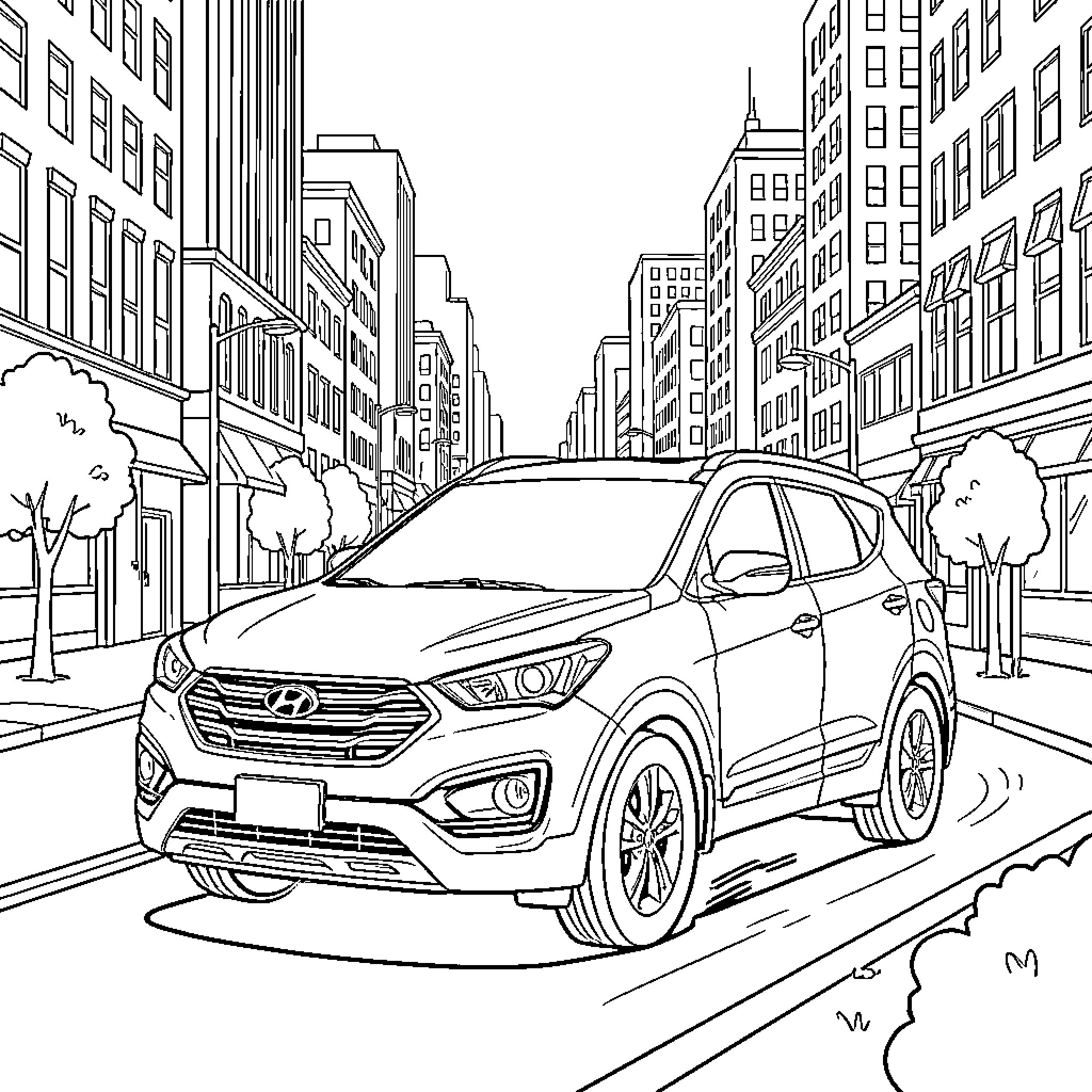 Hyundai Santa Fe driving through a busy city street Coloring Page (free black-and-white line drawing printable PDF for all, from beginners to advanced learners, including children, teens, adults, and seniors)