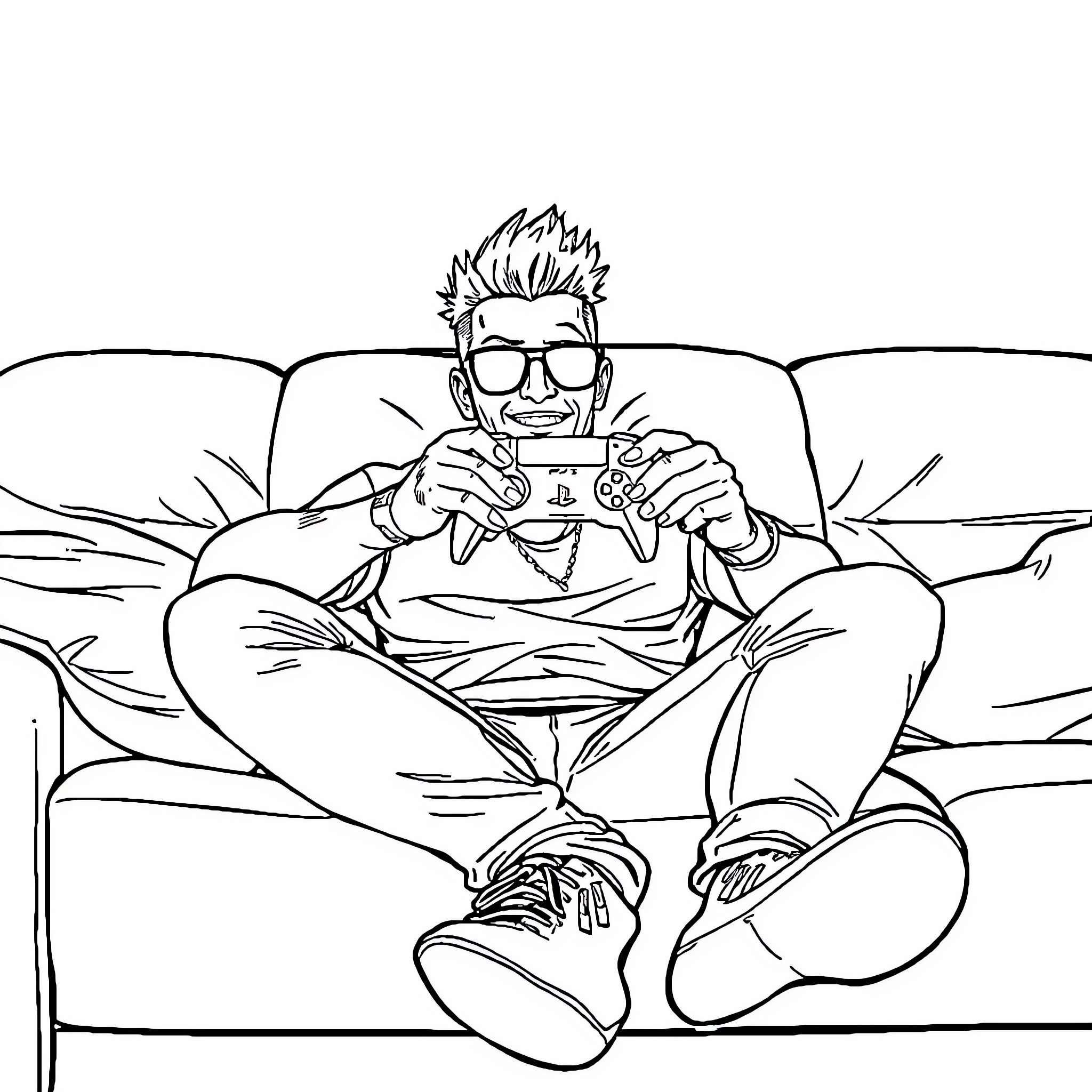 Theo enjoying video games on the couch Coloring Page (free black-and-white line drawing printable PDF for all, from beginners to advanced learners, including children, teens, adults, and seniors)