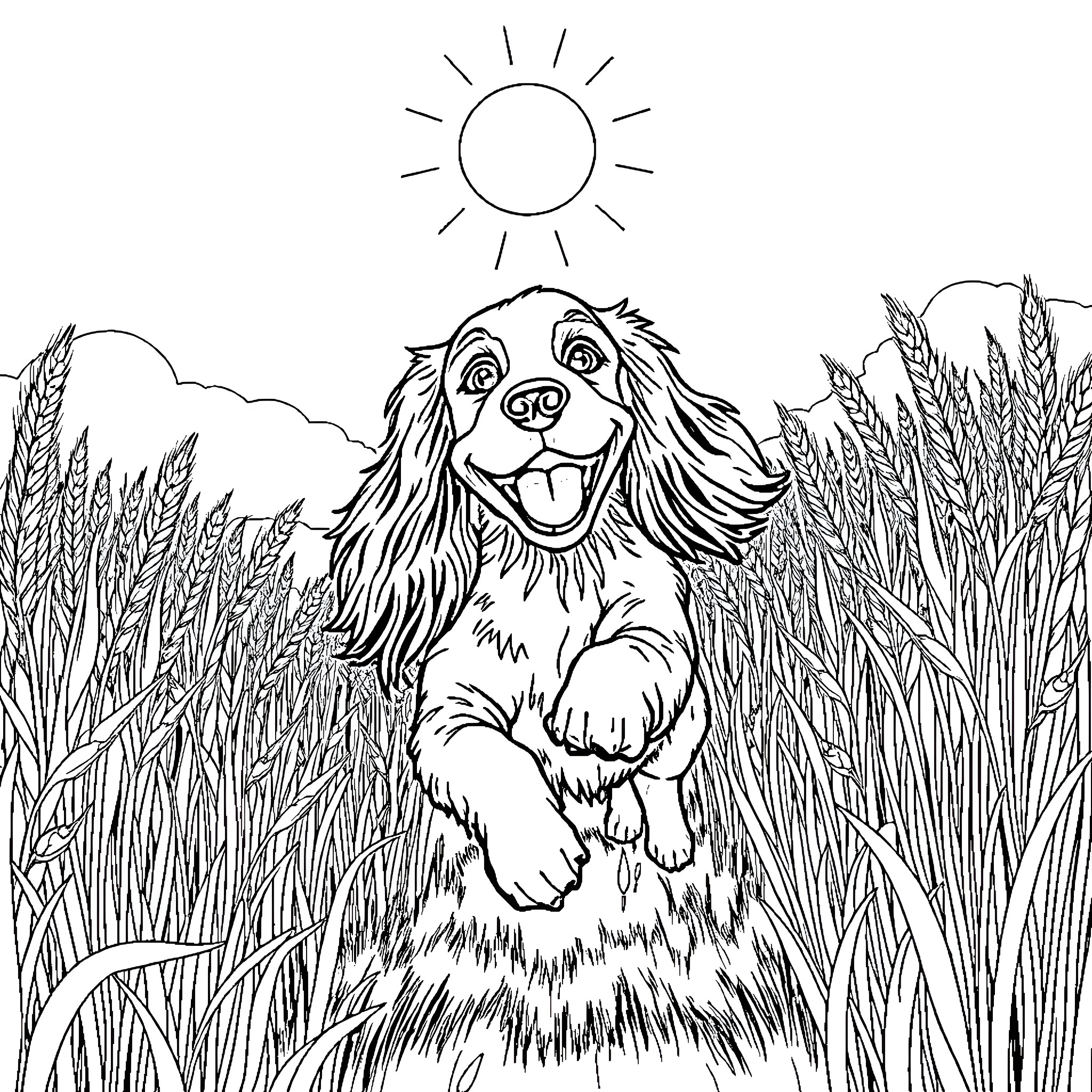 Cocker Spaniel playing joyfully in the field Coloring Page (free black-and-white line drawing printable PDF for all, from beginners to advanced learners, including children, teens, adults, and seniors)