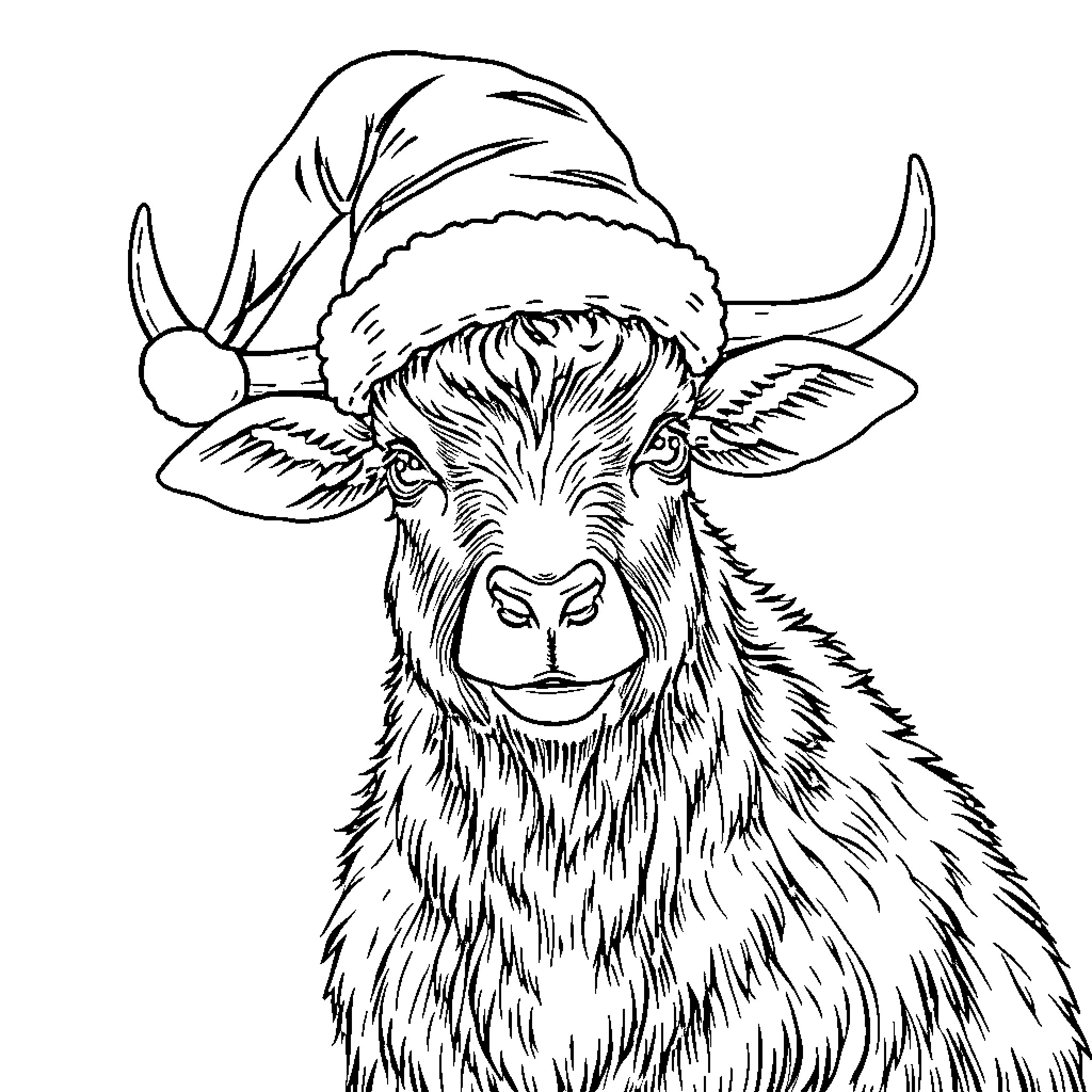 Sheep wearing a Santa hat Coloring Page (free black-and-white line drawing printable PDF for all, from beginners to advanced learners, including children, teens, adults, and seniors)