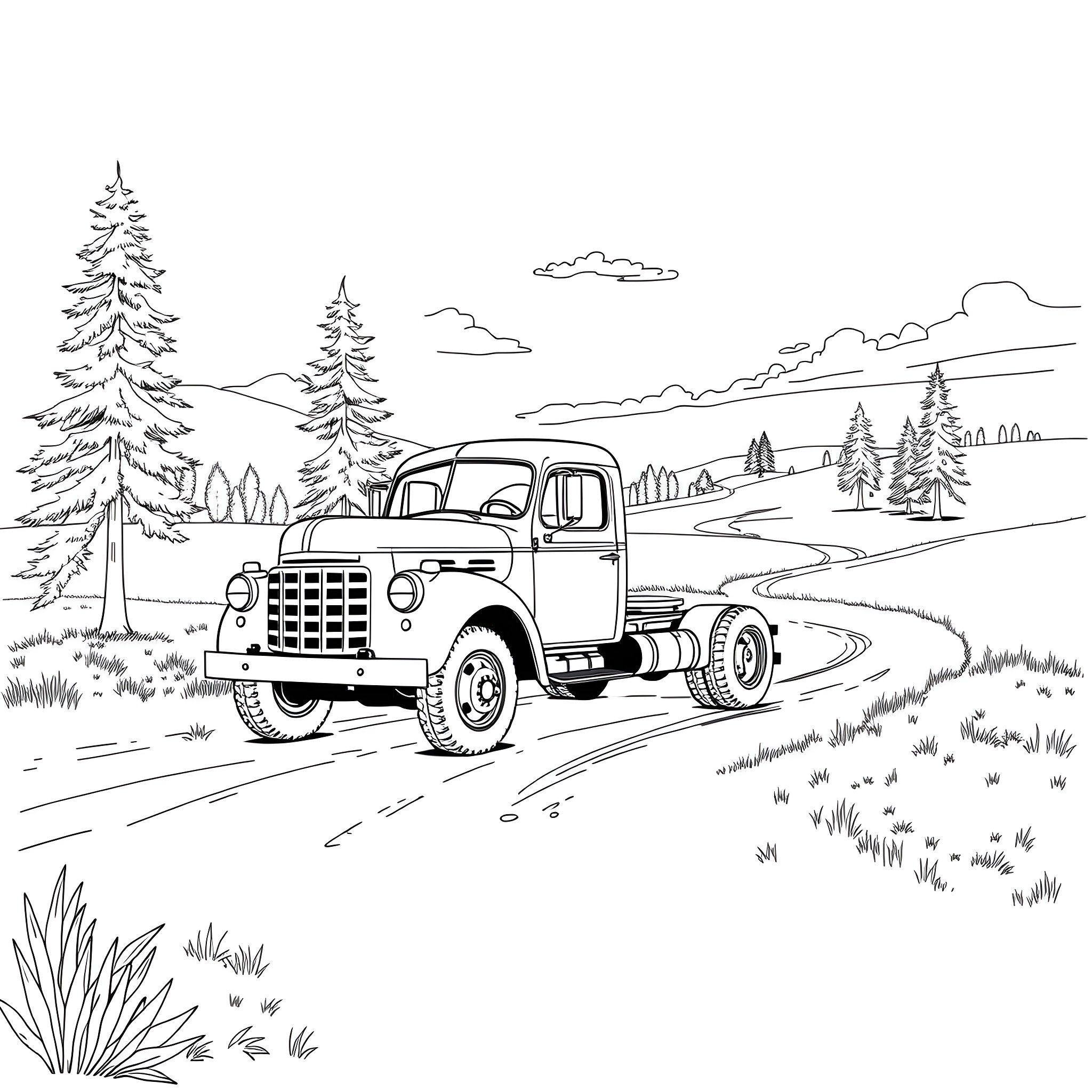 Truck navigating through mountainous forest landscape Coloring Page (free black-and-white line drawing printable PDF for all, from beginners to advanced learners, including children, teens, adults, and seniors)