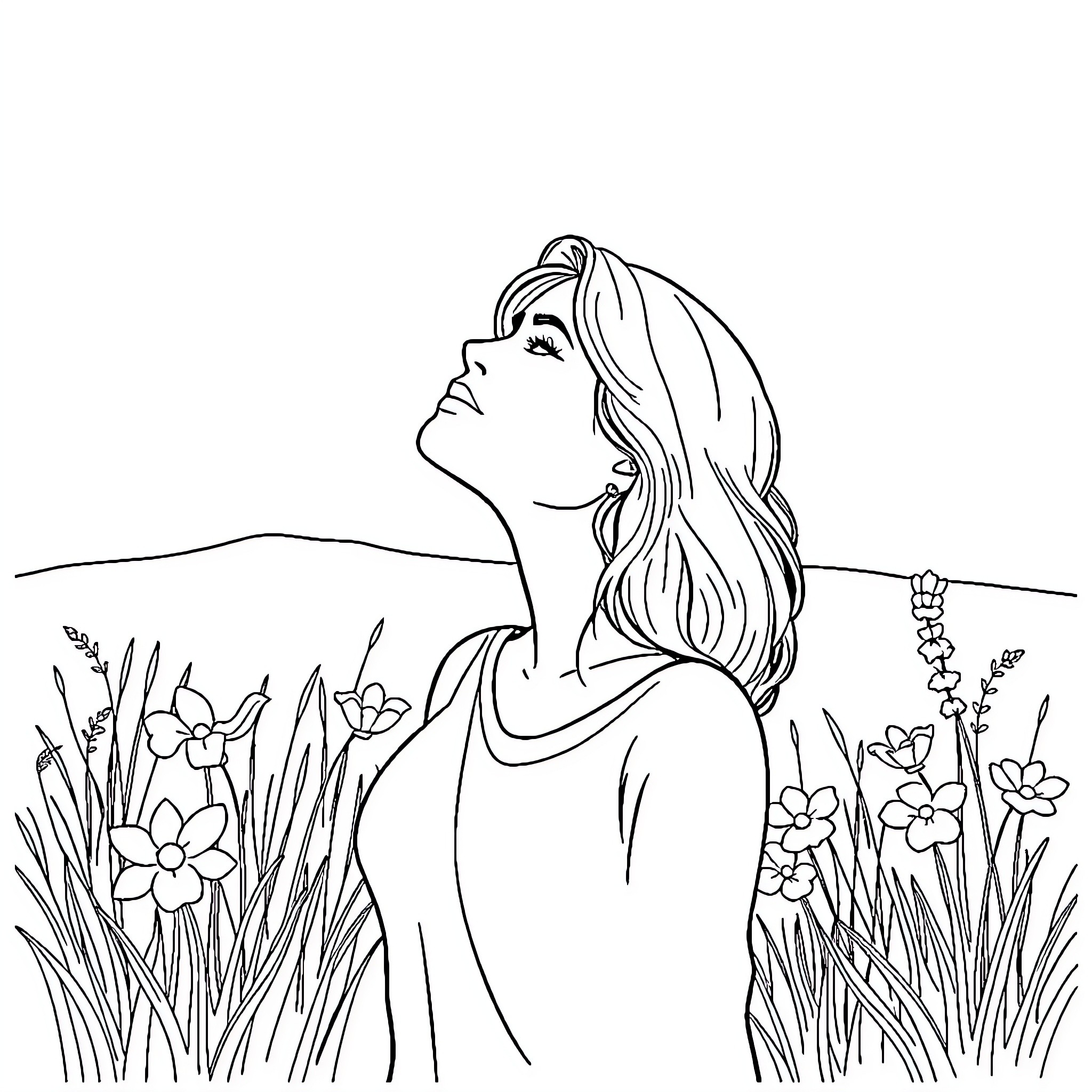 Mom admiring the flowers in the garden Coloring Page (free black-and-white line drawing printable PDF for all, from beginners to advanced learners, including children, teens, adults, and seniors)