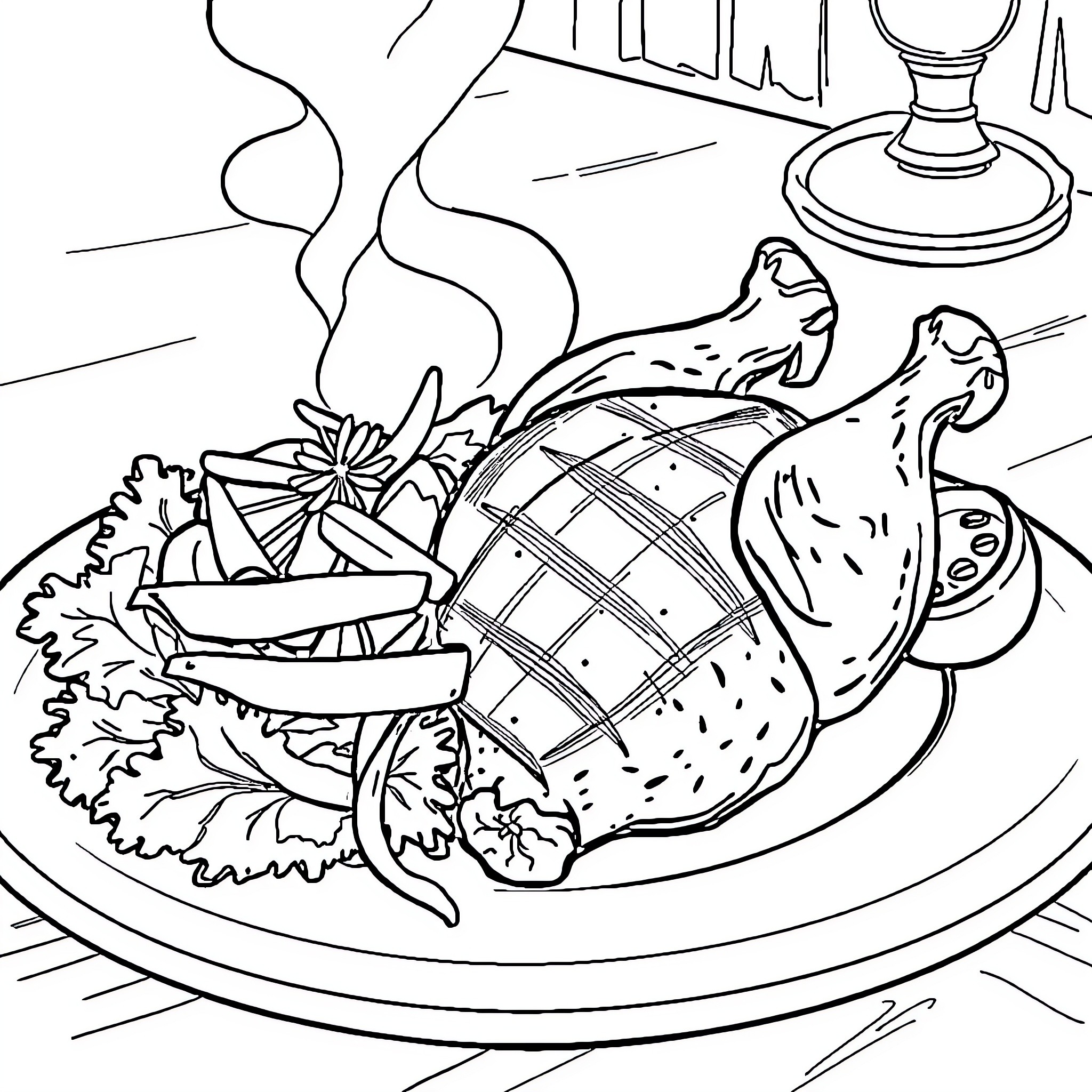Chicken roasted with vegetables on a plate Coloring Page (free black-and-white line drawing printable PDF for all, from beginners to advanced learners, including children, teens, adults, and seniors)
