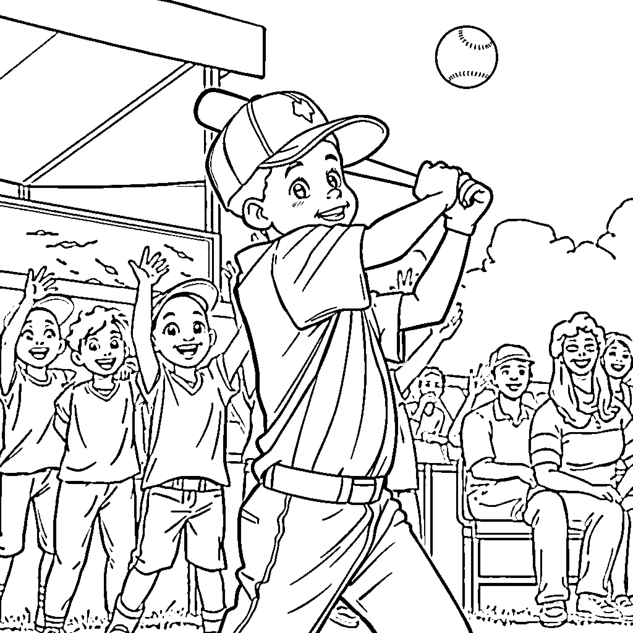 Boy playing baseball with friends on the field Coloring Page (free black-and-white line drawing printable PDF for all, from beginners to advanced learners, including children, teens, adults, and seniors)