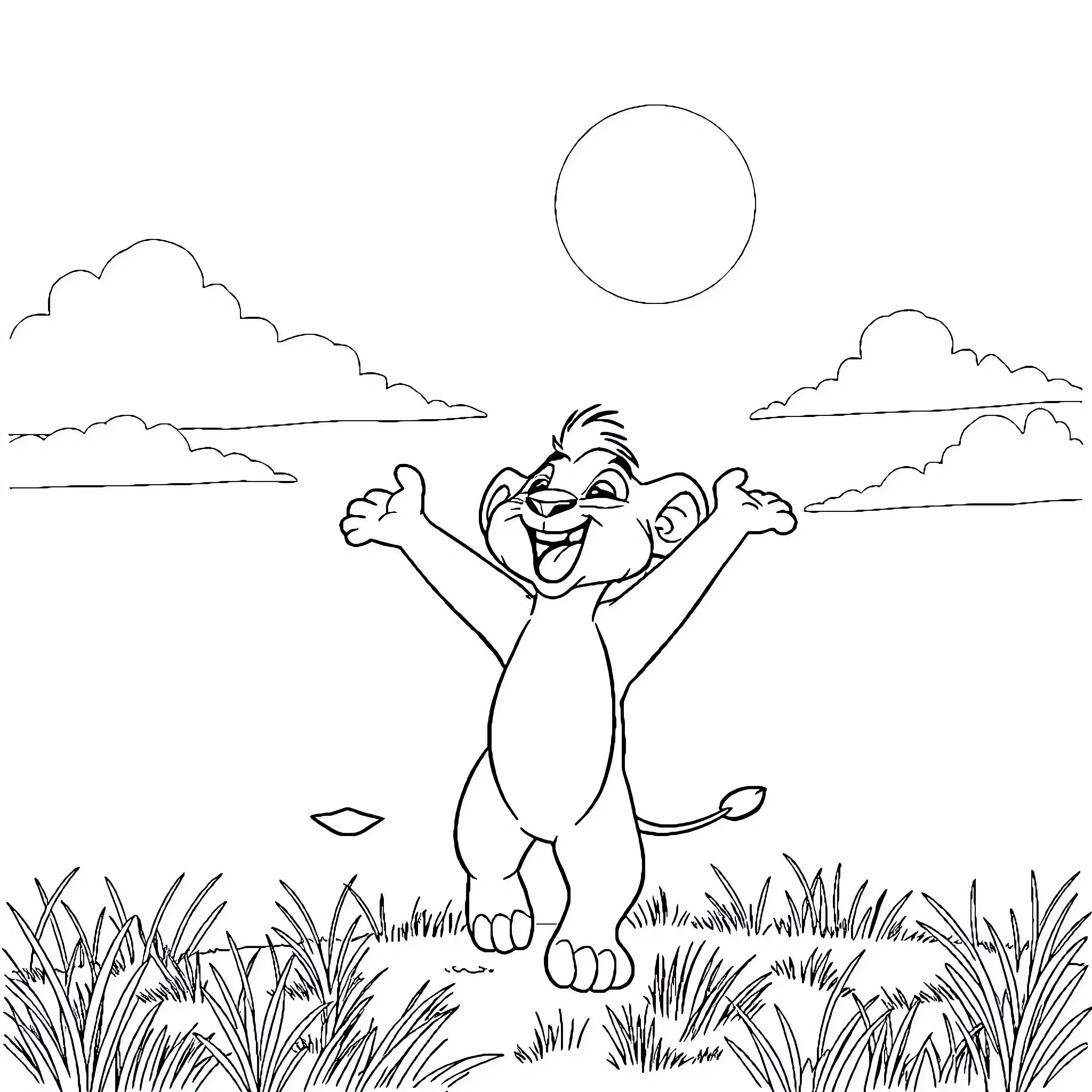 Simba Celebrating in the Savanna Coloring Page (free black-and-white line drawing printable PDF for all, from beginners to advanced learners, including children, teens, adults, and seniors)
