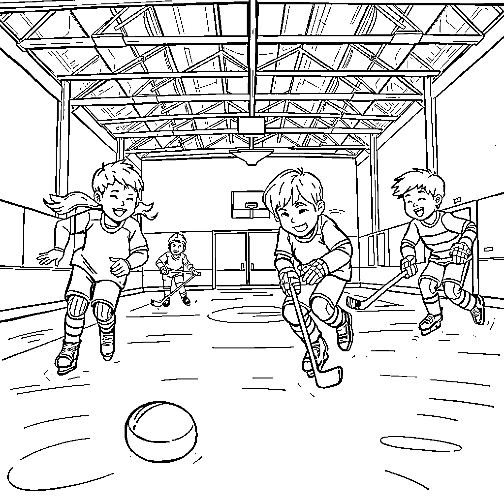 Kids playing hockey in an indoor rink Coloring Page (free black-and-white line drawing printable PDF for all, from beginners to advanced learners, including children, teens, adults, and seniors)