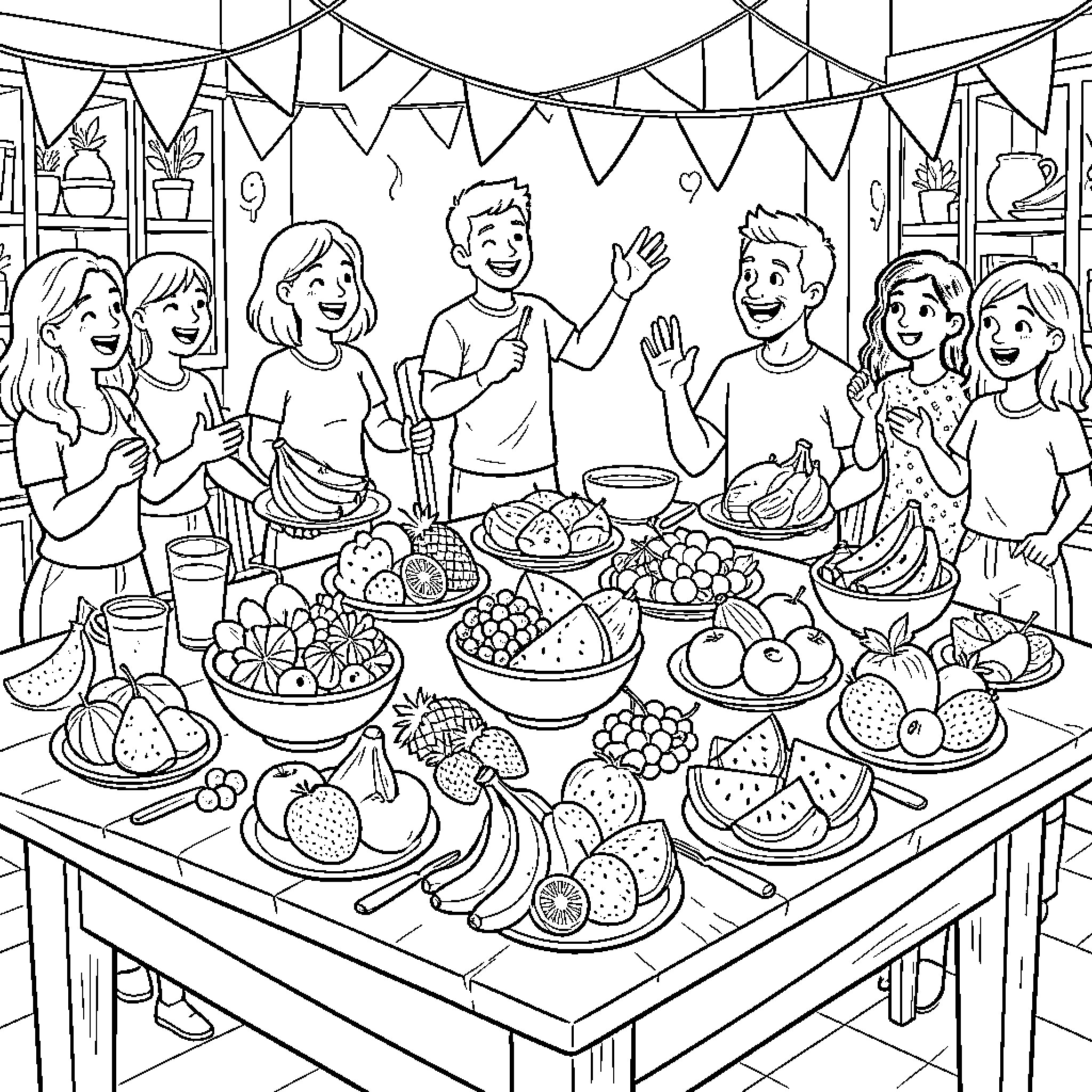 Fruit feast with children celebrating a happy party Coloring Page (free black-and-white line drawing printable PDF for all, from beginners to advanced learners, including children, teens, adults, and seniors)