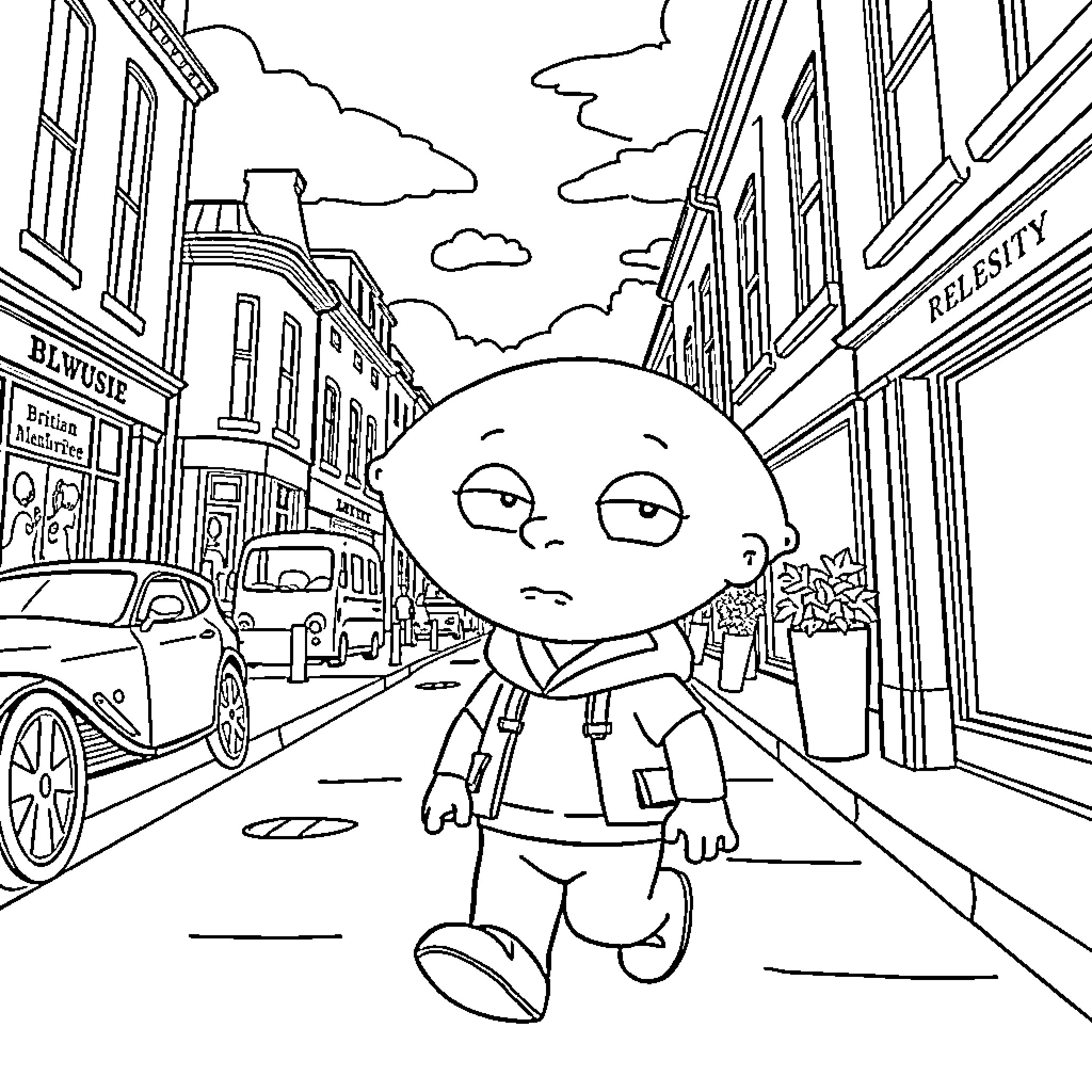 Stewie Griffin explores the city streets Coloring Page (free black-and-white line drawing printable PDF for all, from beginners to advanced learners, including children, teens, adults, and seniors)
