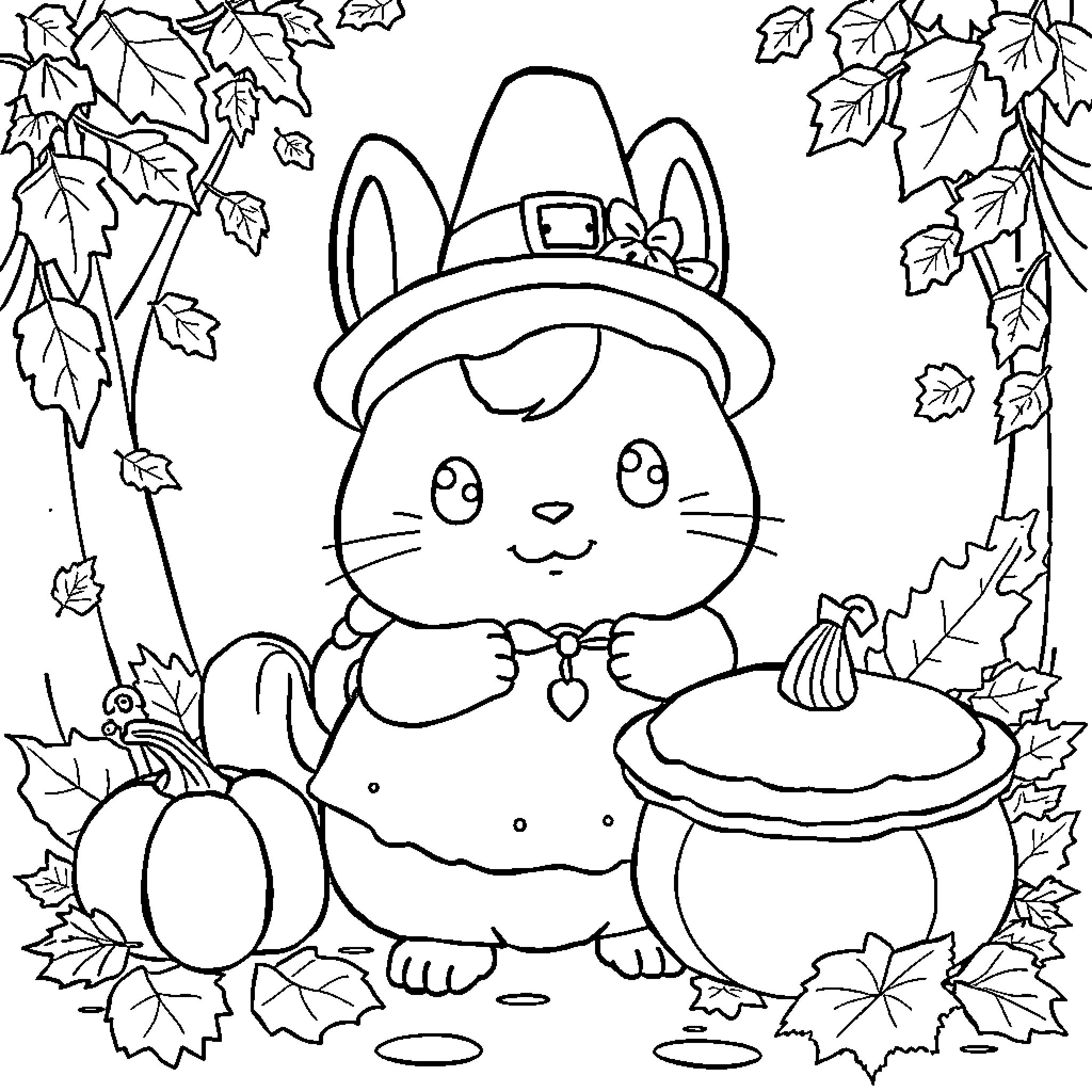Cinnamaroll Enjoying Autumn with Pumpkin and Pie Coloring Page (free black-and-white line drawing printable PDF for all, from beginners to advanced learners, including children, teens, adults, and seniors)