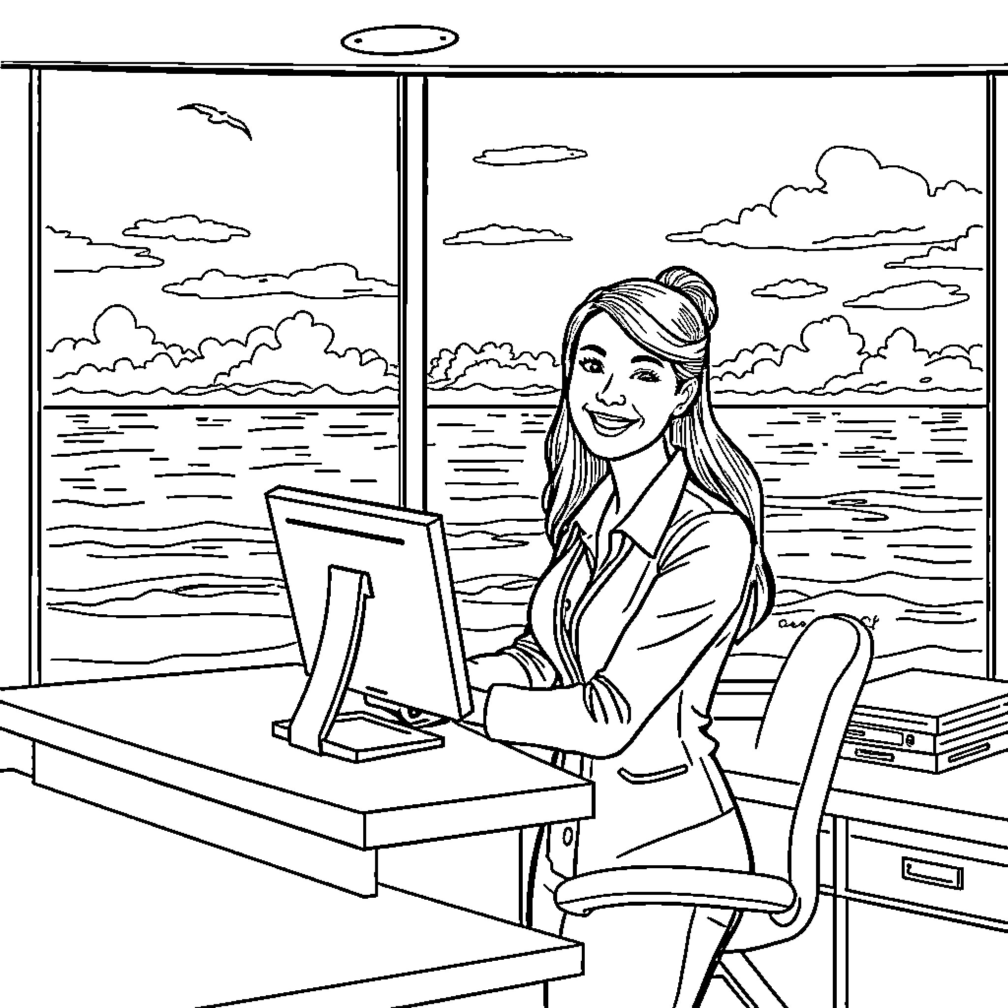 Office Worker Enjoying the View from Her Desk Coloring Page (free black-and-white line drawing printable PDF for all, from beginners to advanced learners, including children, teens, adults, and seniors)