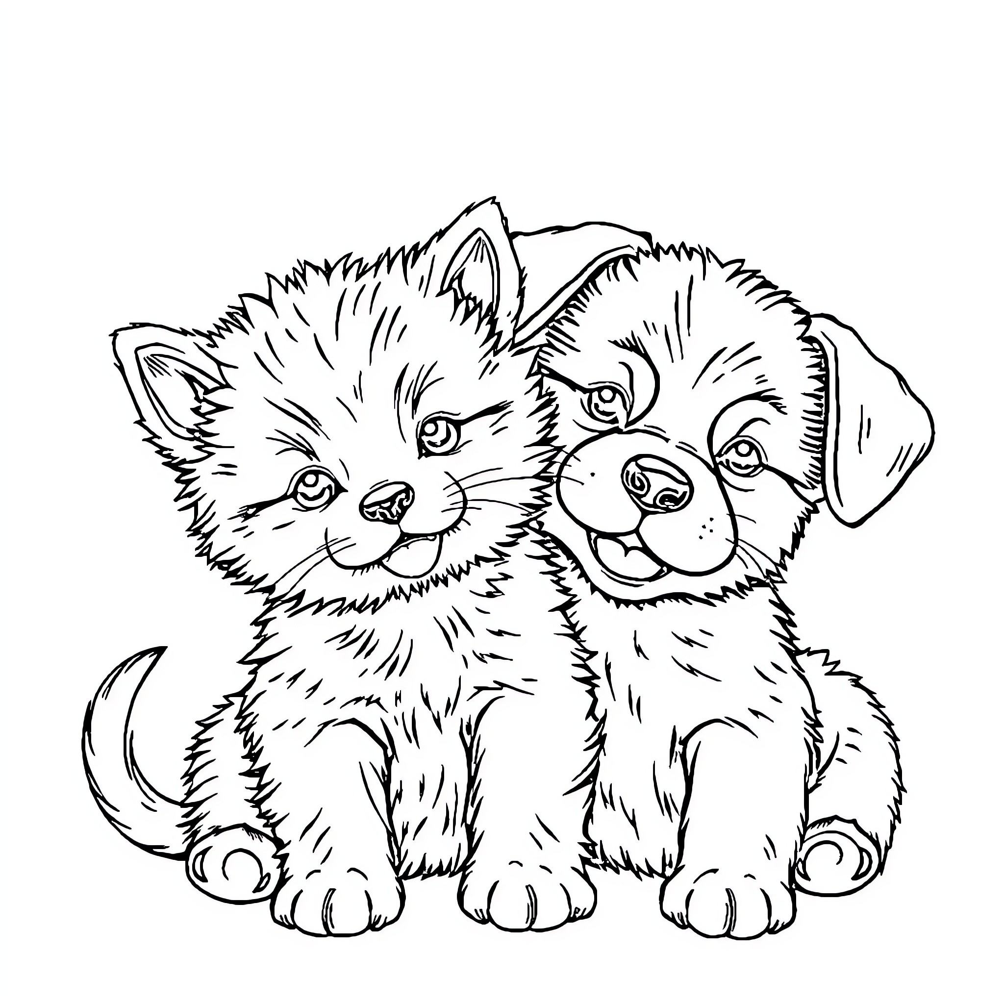 Kitten and Puppy Cuddling Together Coloring Page (free black-and-white line drawing printable PDF for all, from beginners to advanced learners, including children, teens, adults, and seniors)