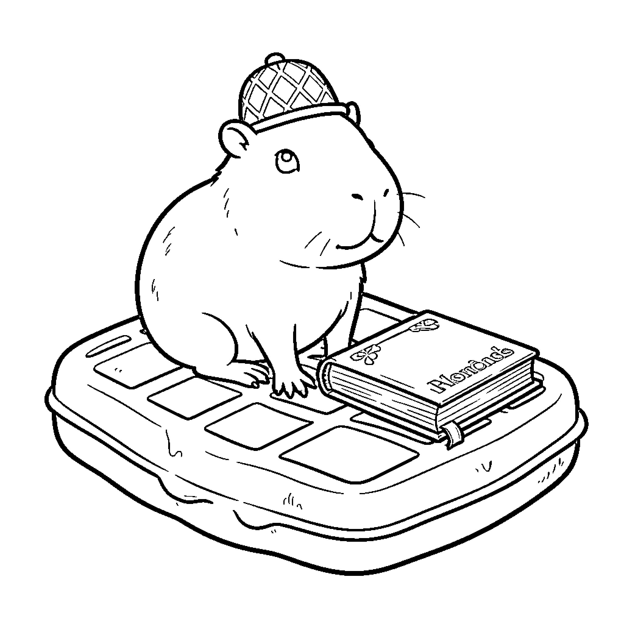 Capybara wearing a small hat sitting by a book Coloring Page (free black-and-white line drawing printable PDF for all, from beginners to advanced learners, including children, teens, adults, and seniors)