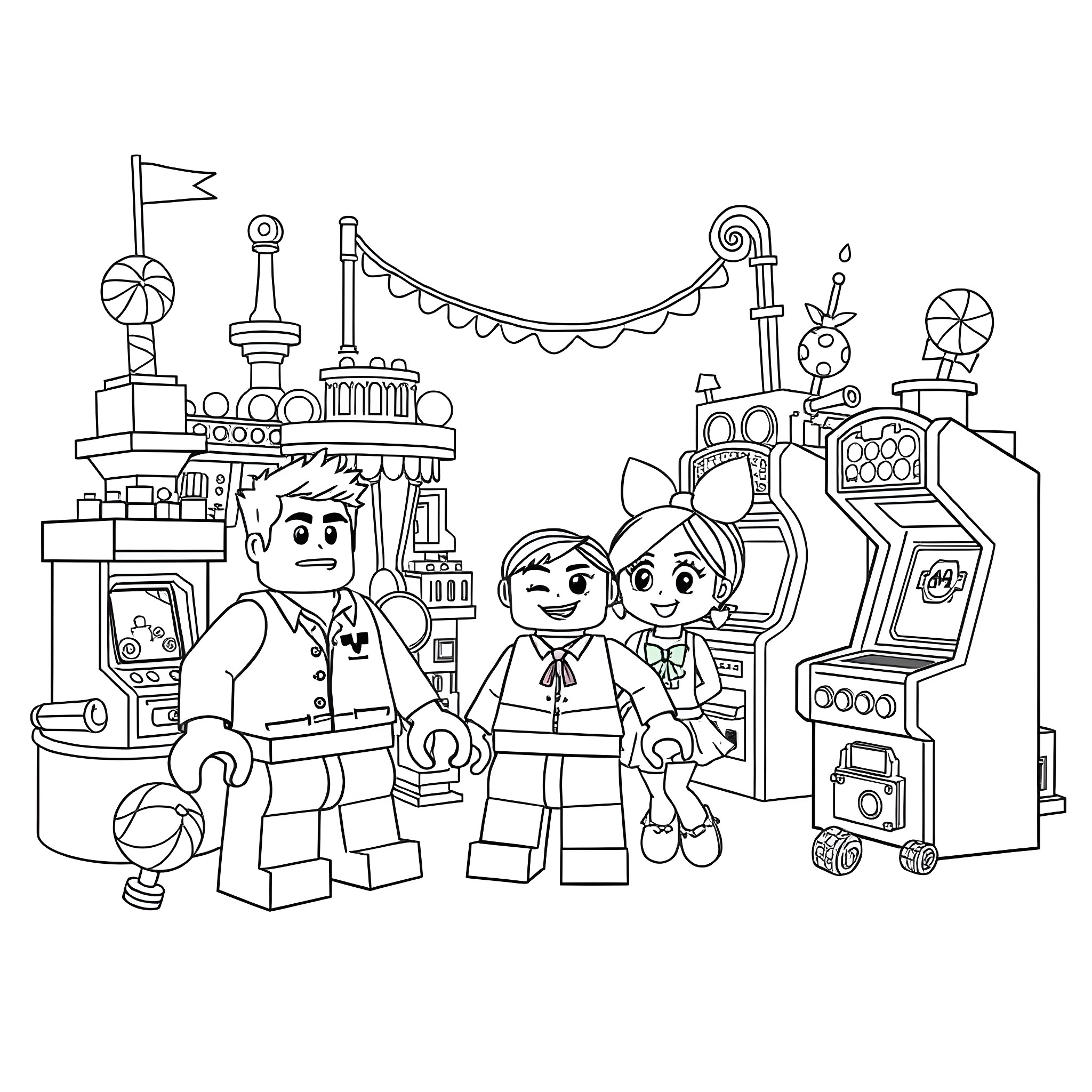 Lego characters enjoying a carnival scene Coloring Page (free black-and-white line drawing printable PDF for all, from beginners to advanced learners, including children, teens, adults, and seniors)