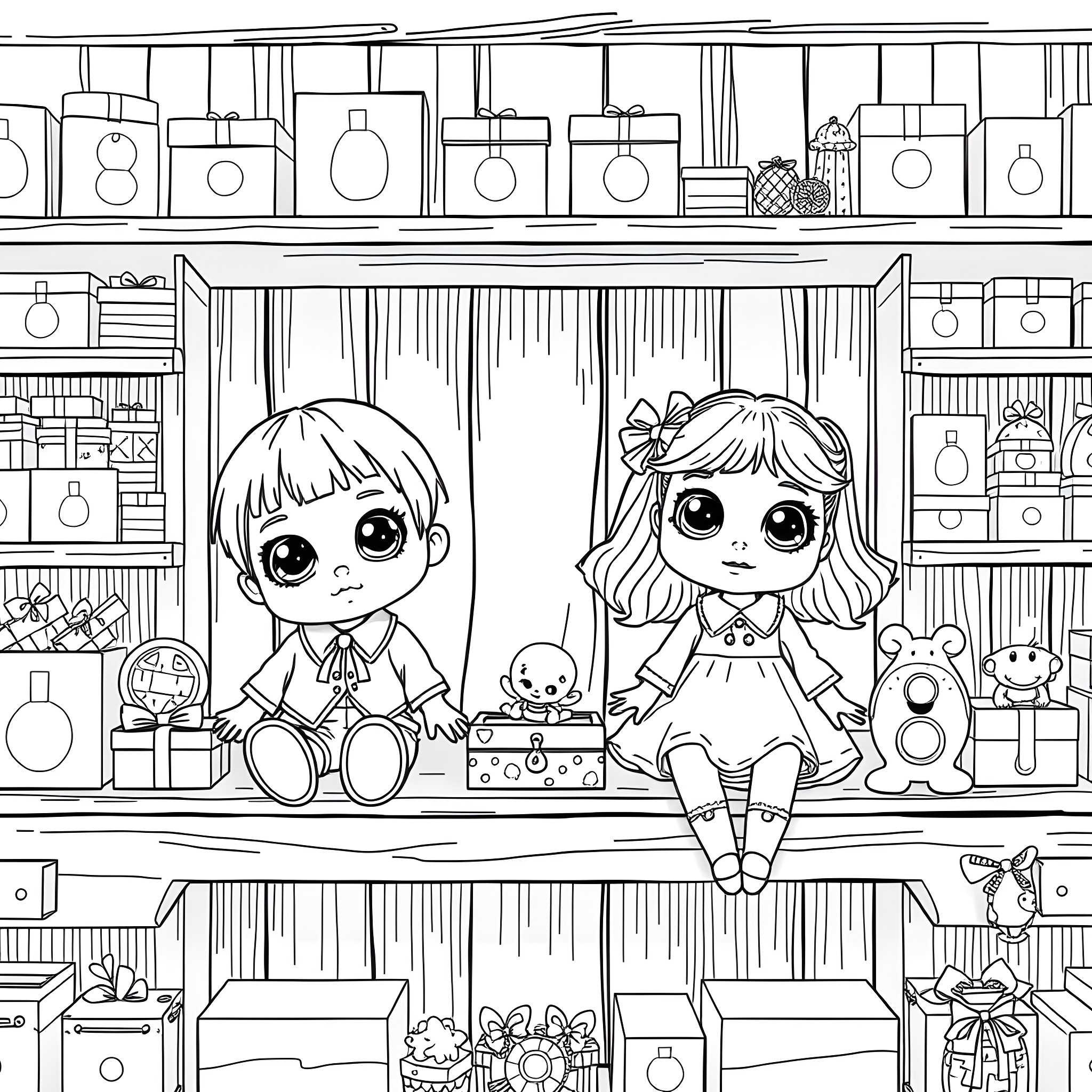 Doll siblings playing with toys in room Coloring Page (free black-and-white line drawing printable PDF for all, from beginners to advanced learners, including children, teens, adults, and seniors)