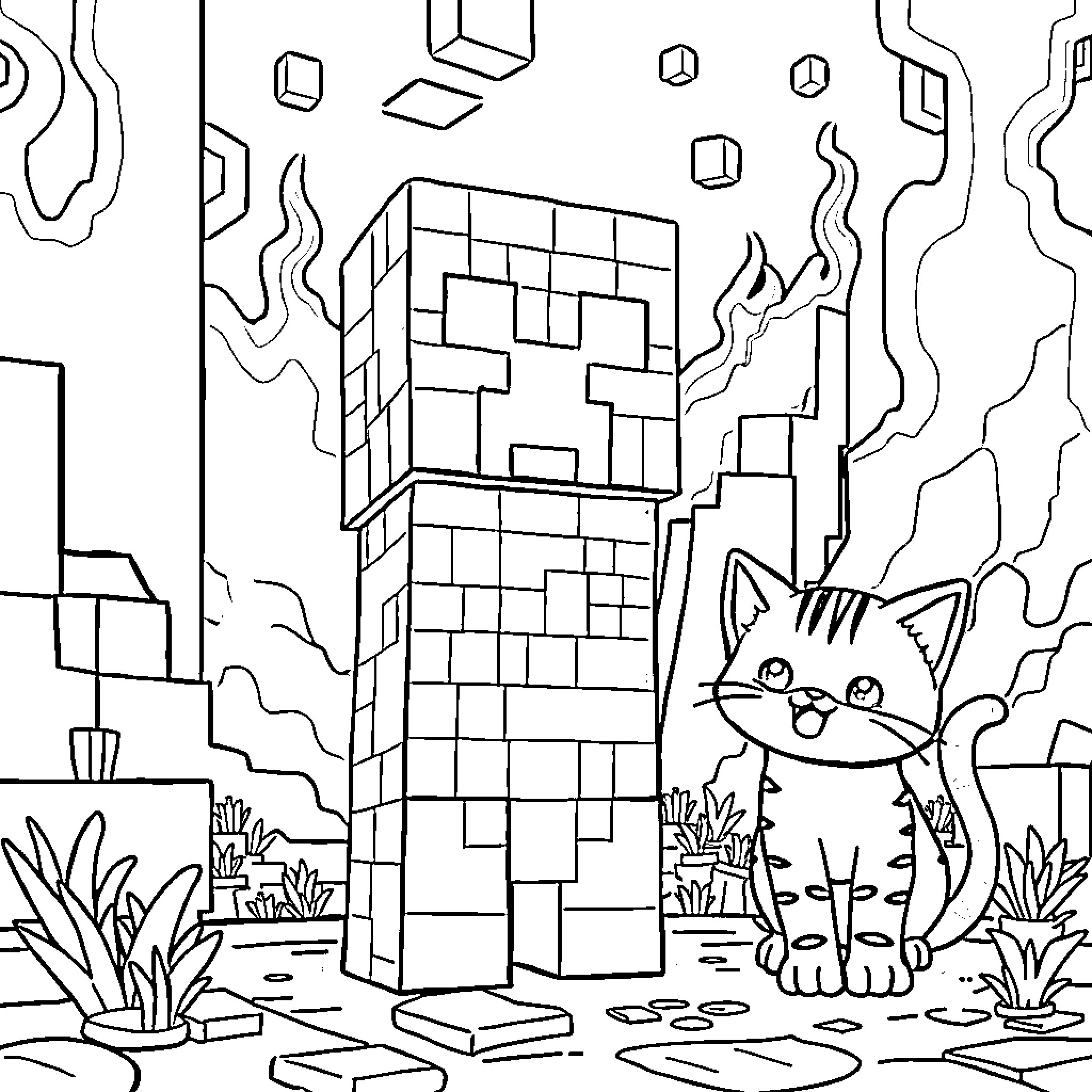Creeper in Minecraft-style Landscape with Curious Cat Coloring Page (free black-and-white line drawing printable PDF for all, from beginners to advanced learners, including children, teens, adults, and seniors)
