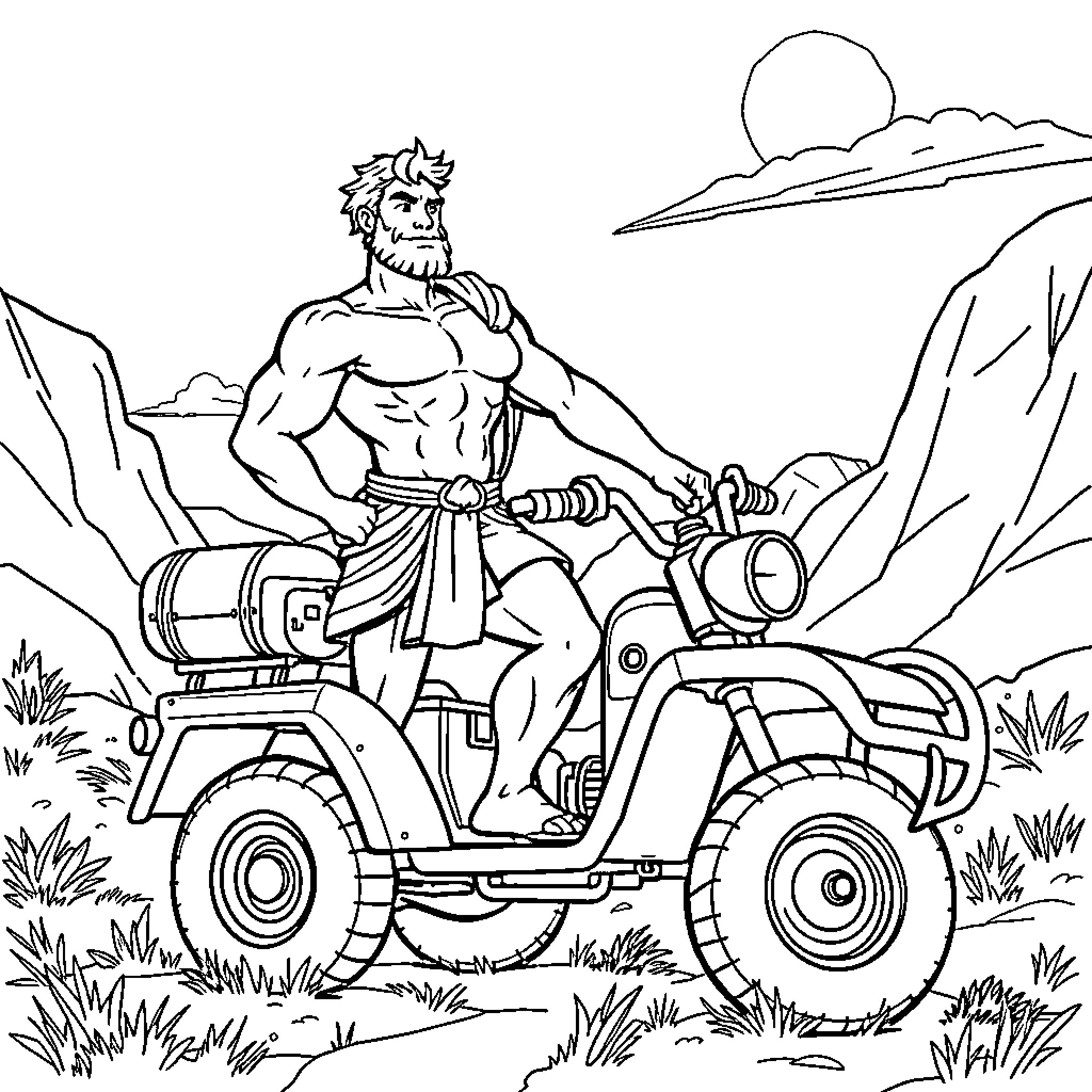 Hercules riding a powerful all-terrain vehicle Coloring Page (free black-and-white line drawing printable PDF for all, from beginners to advanced learners, including children, teens, adults, and seniors)