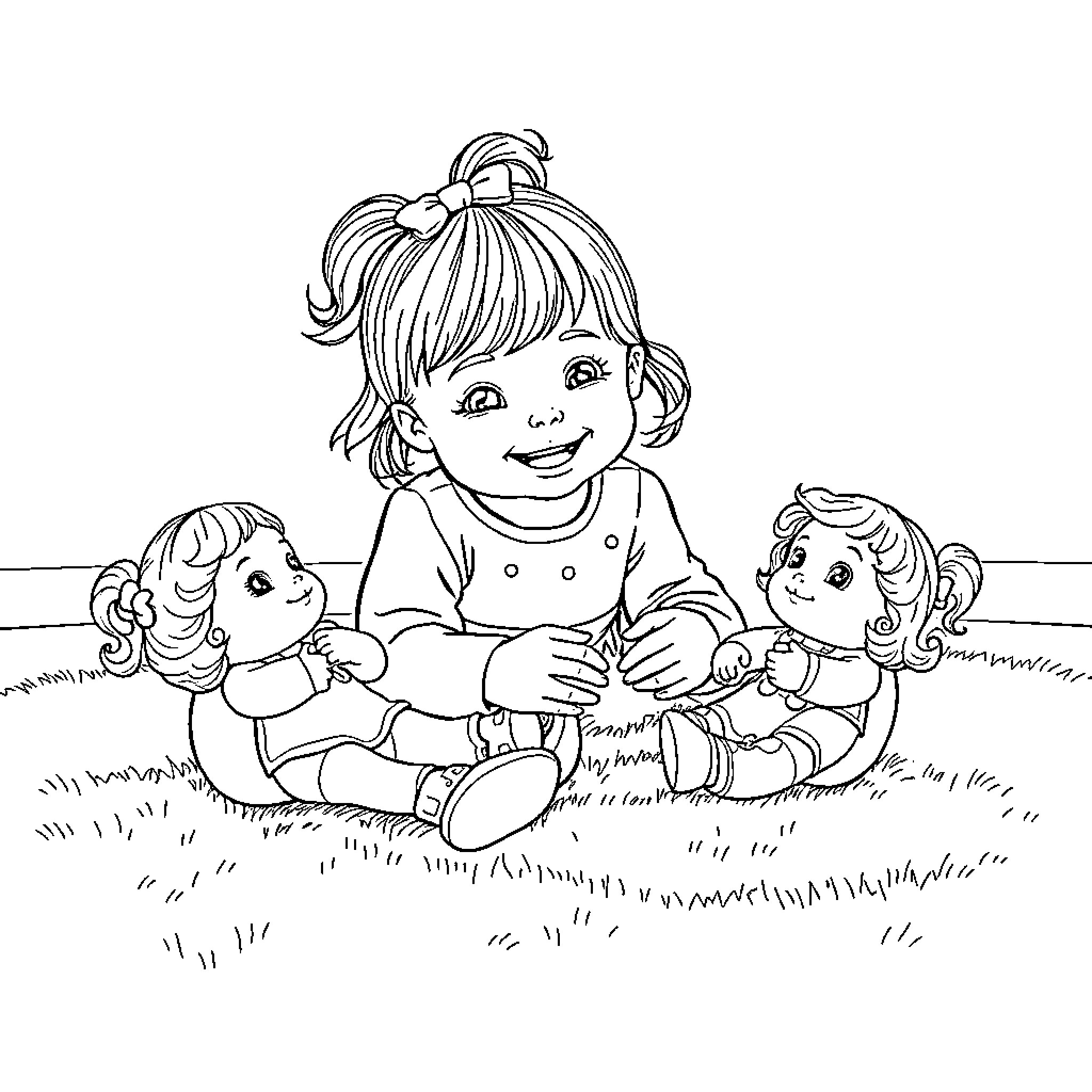 Girl sharing toys with friends in the park Coloring Page (free black-and-white line drawing printable PDF for all, from beginners to advanced learners, including children, teens, adults, and seniors)