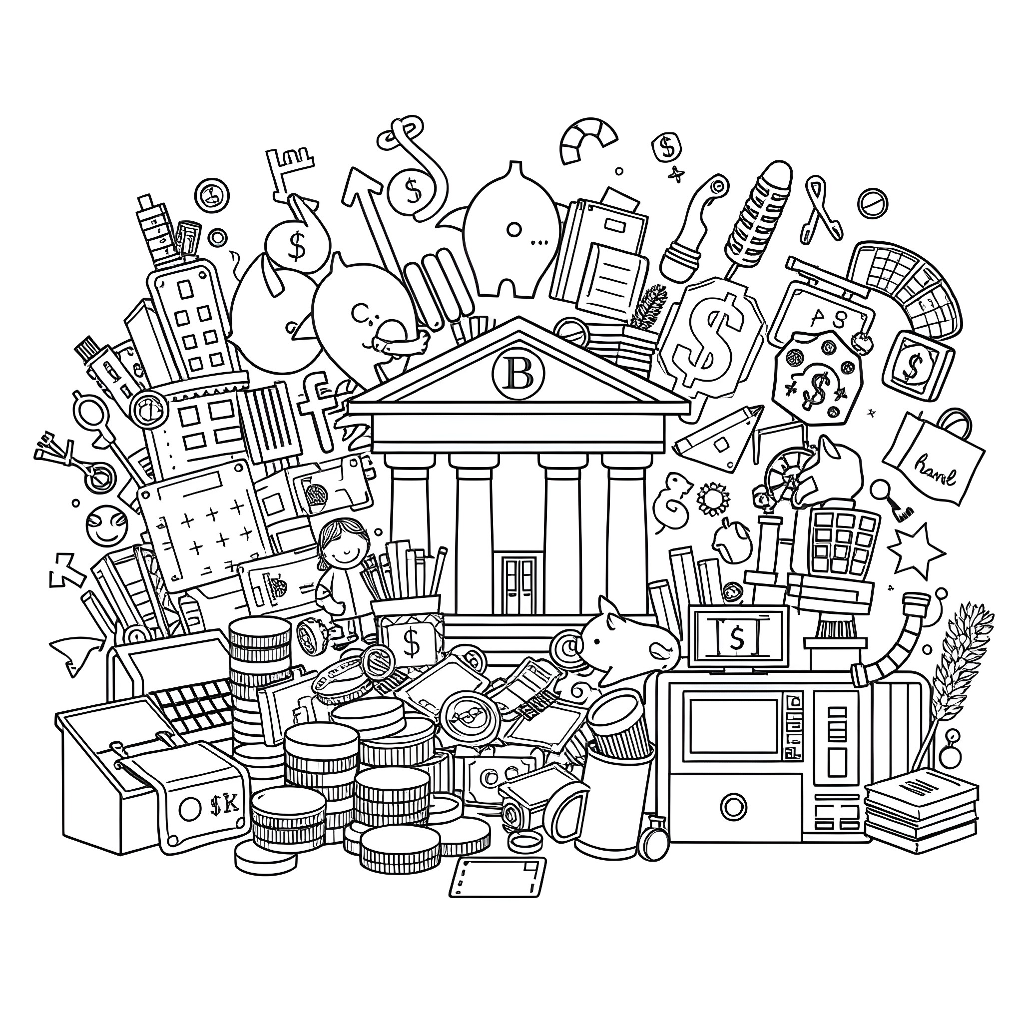 Finance-related Objects and Symbols in a Doodle Style Coloring Page (free black-and-white line drawing printable PDF for all, from beginners to advanced learners, including children, teens, adults, and seniors)
