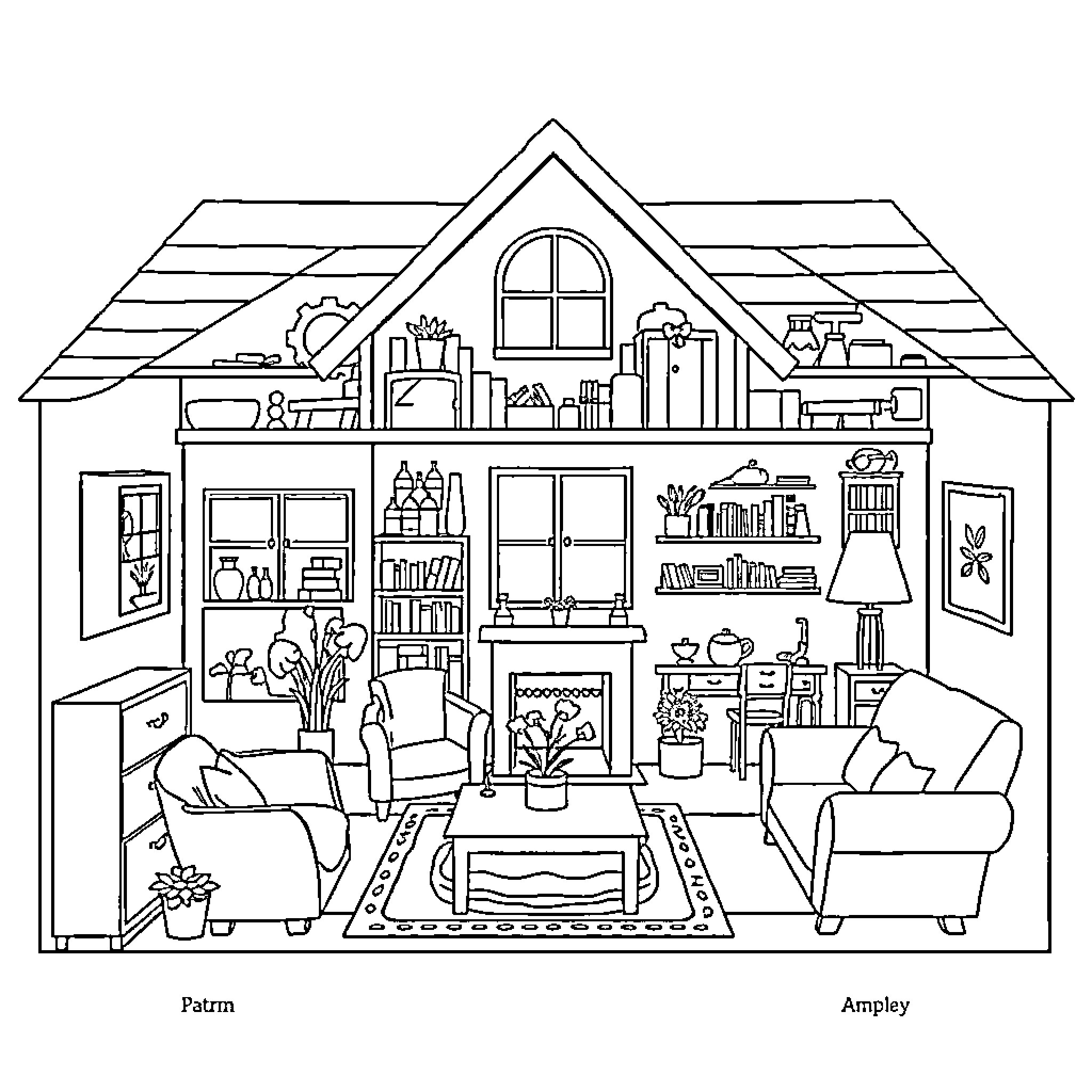 House with cozy interior and furnishings Coloring Page (free black-and-white line drawing printable PDF for all, from beginners to advanced learners, including children, teens, adults, and seniors)
