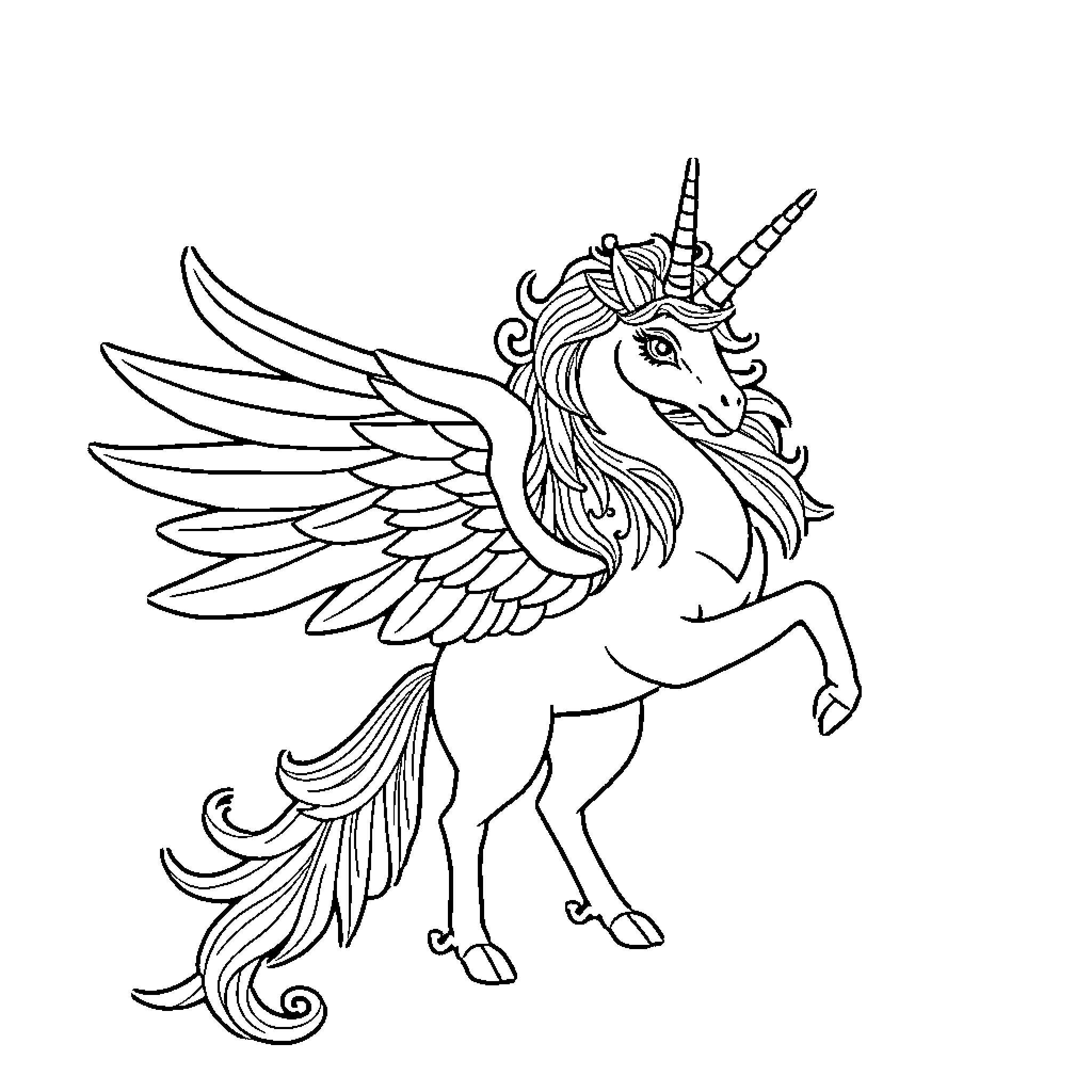 Unicorn with majestic wings in dynamic pose Coloring Page (free black-and-white line drawing printable PDF for all, from beginners to advanced learners, including children, teens, adults, and seniors)