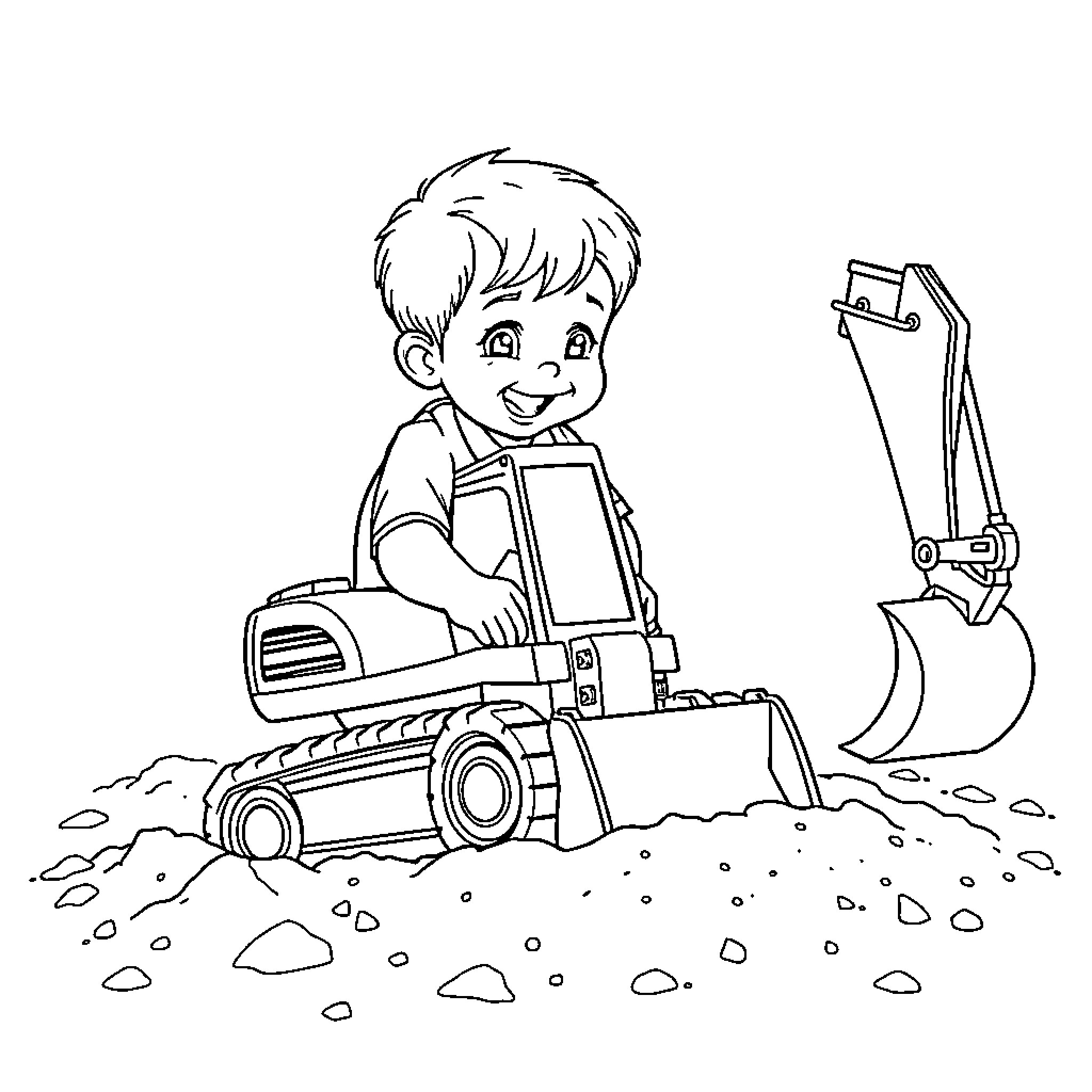 Boy operating a construction vehicle with enthusiasm Coloring Page (free black-and-white line drawing printable PDF for all, from beginners to advanced learners, including children, teens, adults, and seniors)