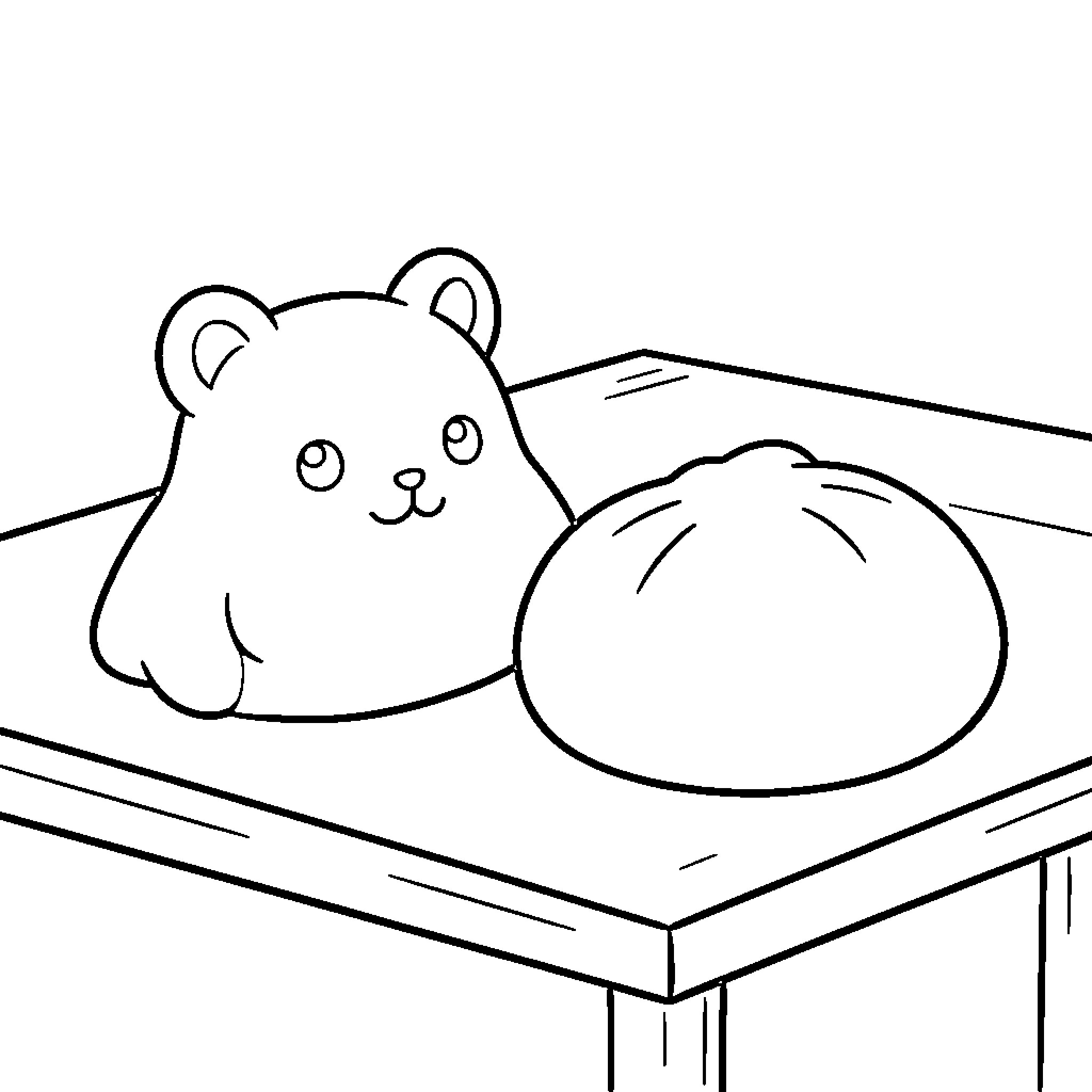 Squishy bear character sitting on a table Coloring Page (free black-and-white line drawing printable PDF for all, from beginners to advanced learners, including children, teens, adults, and seniors)