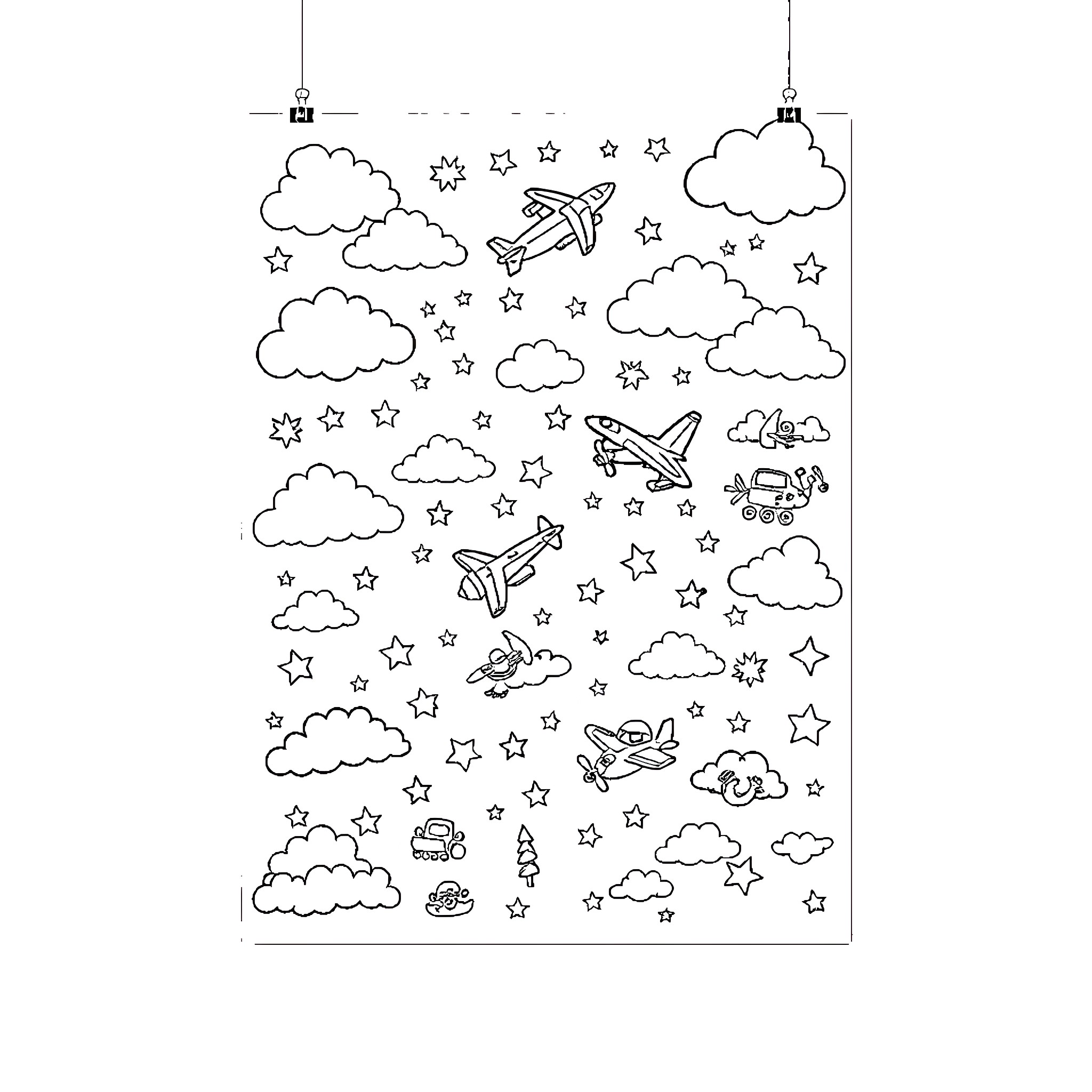 Sky filled with whimsical airplanes and clouds Coloring Page (free black-and-white line drawing printable PDF for all, from beginners to advanced learners, including children, teens, adults, and seniors)
