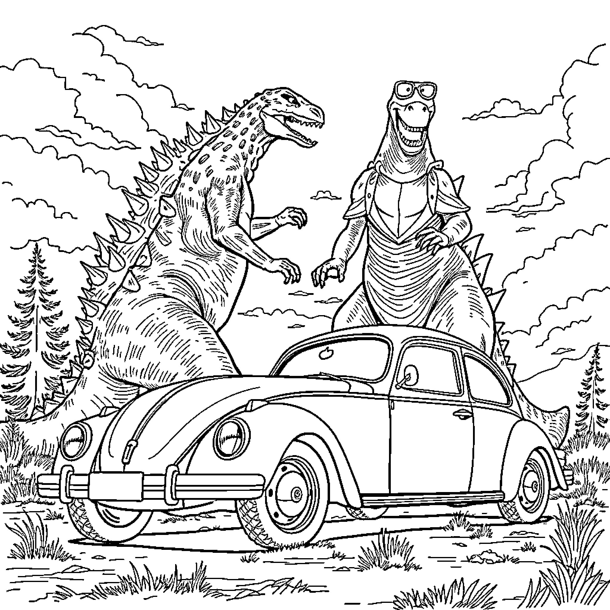 VW Beetle with Dinosaur Passengers in Wilderness Adventure Coloring Page (free black-and-white line drawing printable PDF for all, from beginners to advanced learners, including children, teens, adults, and seniors)
