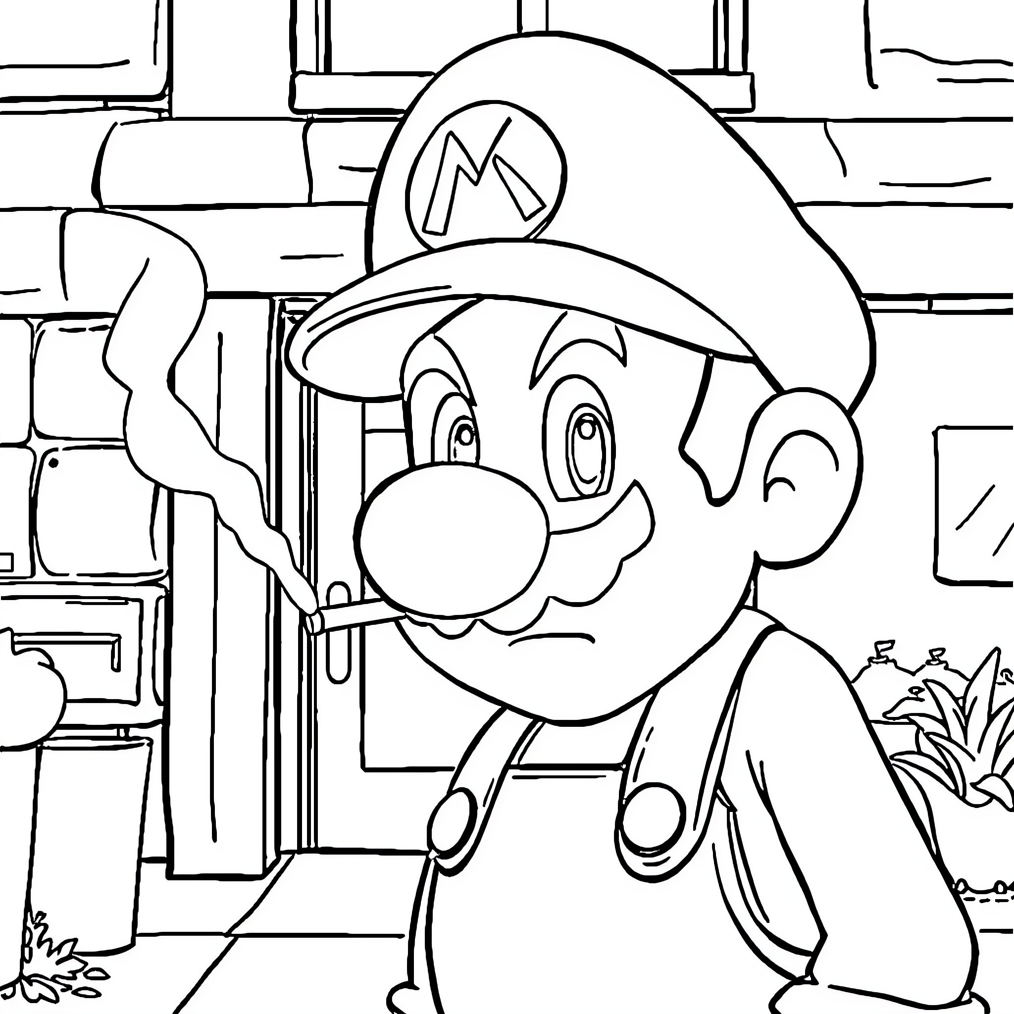 Mario exploring a mysterious environment Coloring Page (free black-and-white line drawing printable PDF for all, from beginners to advanced learners, including children, teens, adults, and seniors)