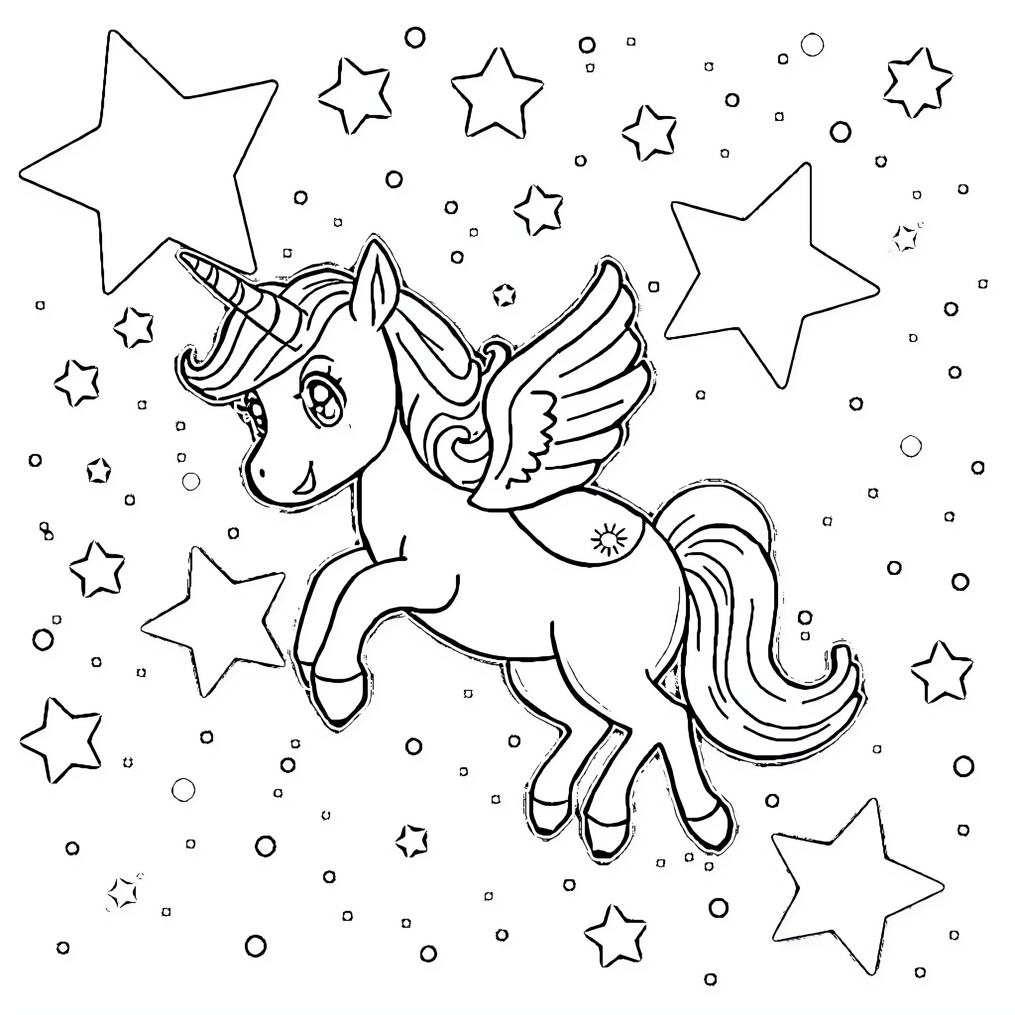 Bluey Unicorn's Magical Adventure in the Starry Night Coloring Page (free black-and-white line drawing printable PDF for all, from beginners to advanced learners, including children, teens, adults, and seniors)