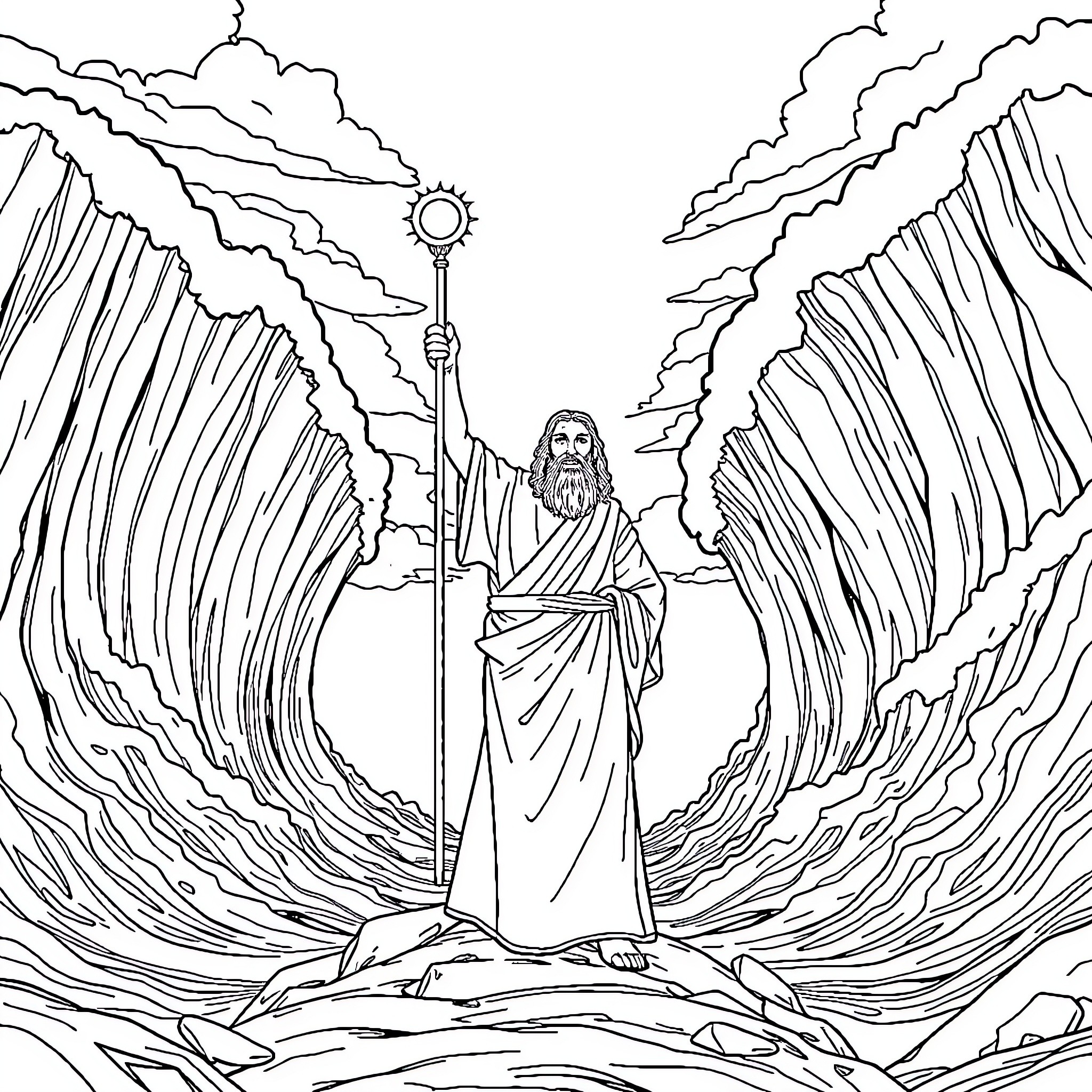 Moses parting the sea in the wilderness Coloring Page (free black-and-white line drawing printable PDF for all, from beginners to advanced learners, including children, teens, adults, and seniors)