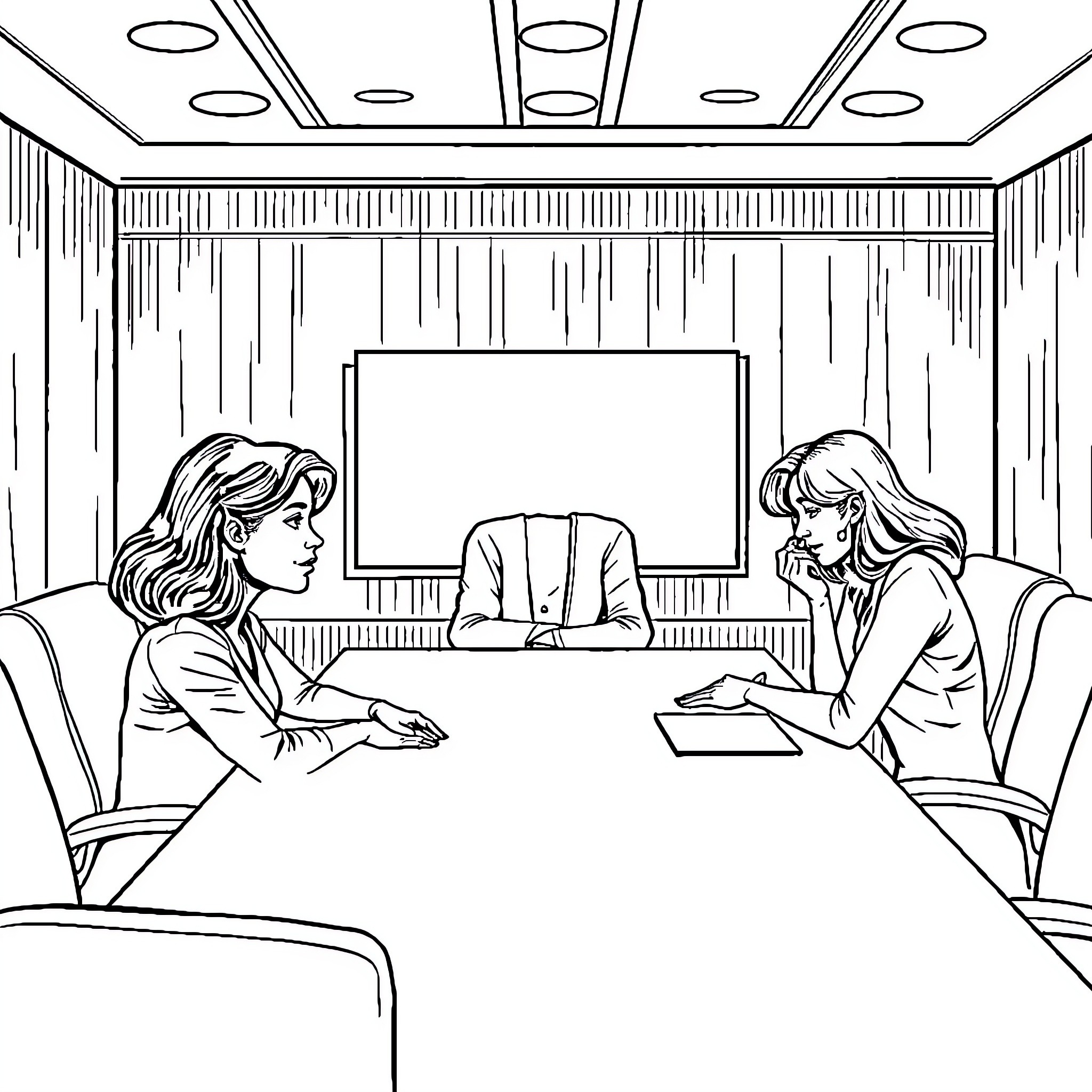 Women in a business meeting discussing documents Coloring Page (free black-and-white line drawing printable PDF for all, from beginners to advanced learners, including children, teens, adults, and seniors)