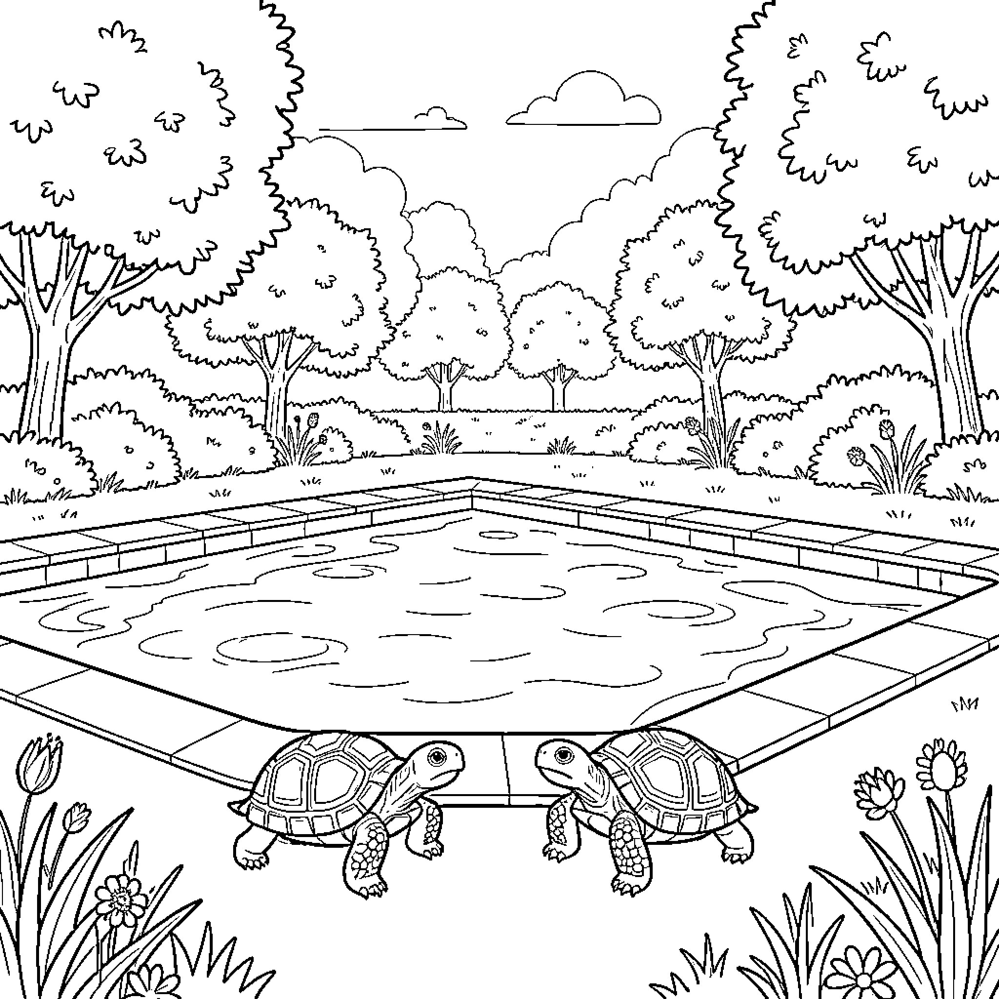 Turtle pair walking near a garden pond Coloring Page (free black-and-white line drawing printable PDF for all, from beginners to advanced learners, including children, teens, adults, and seniors)