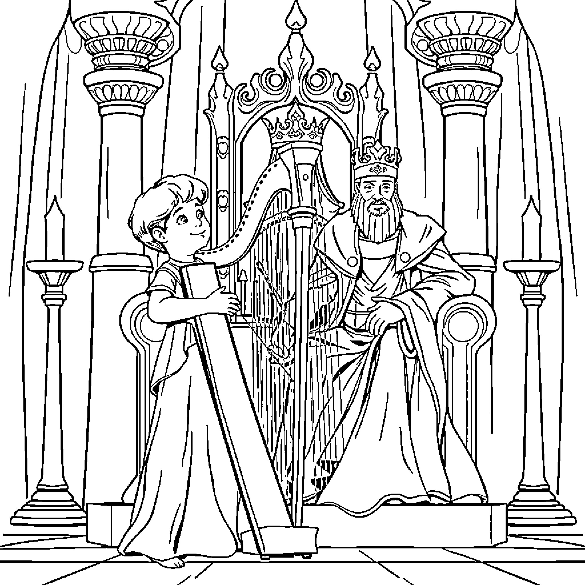 Boy meets with a King in an ornate throne room Coloring Page (free black-and-white line drawing printable PDF for all, from beginners to advanced learners, including children, teens, adults, and seniors)