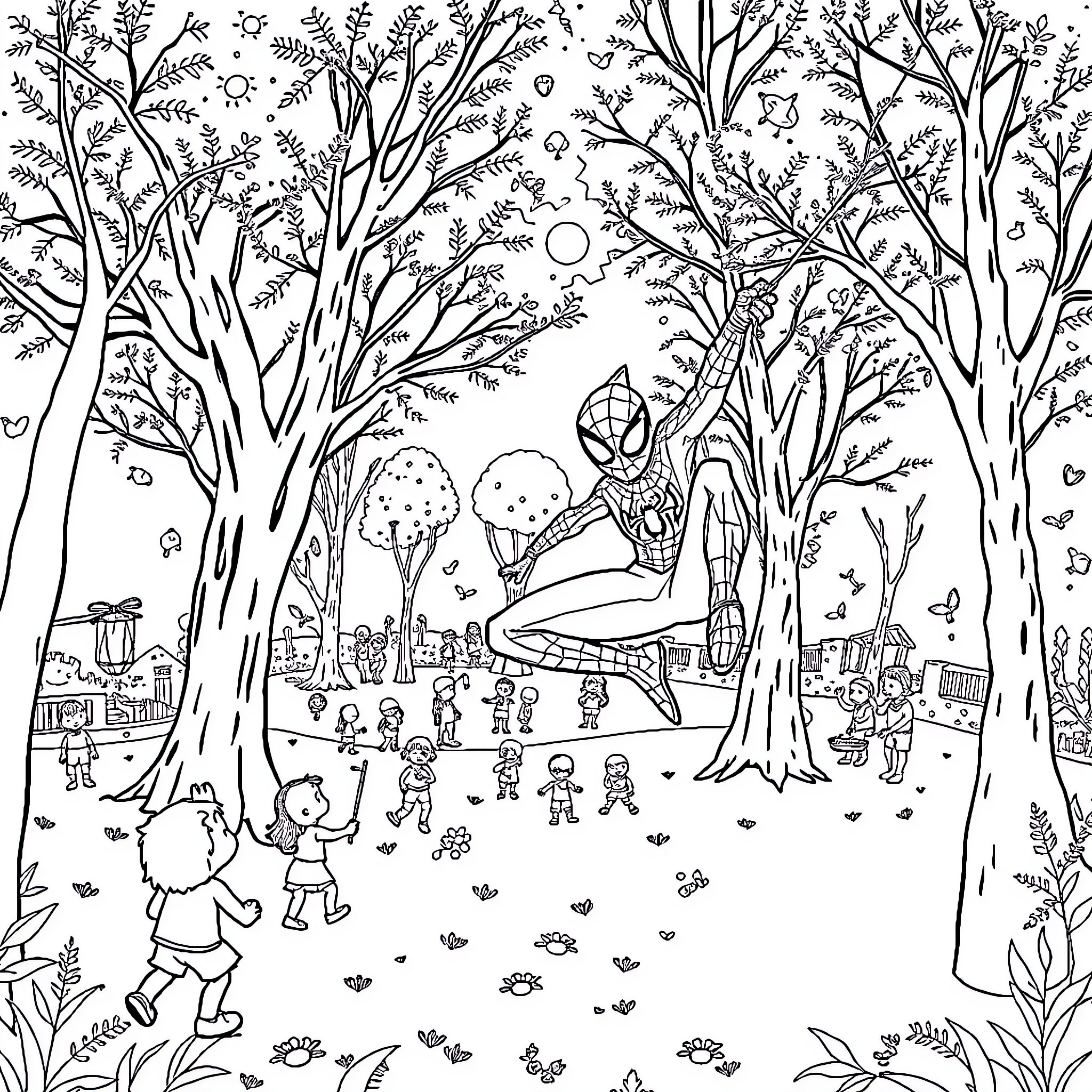 Spiderman swinging through enchanted forest with children Coloring Page (free black-and-white line drawing printable PDF for all, from beginners to advanced learners, including children, teens, adults, and seniors)
