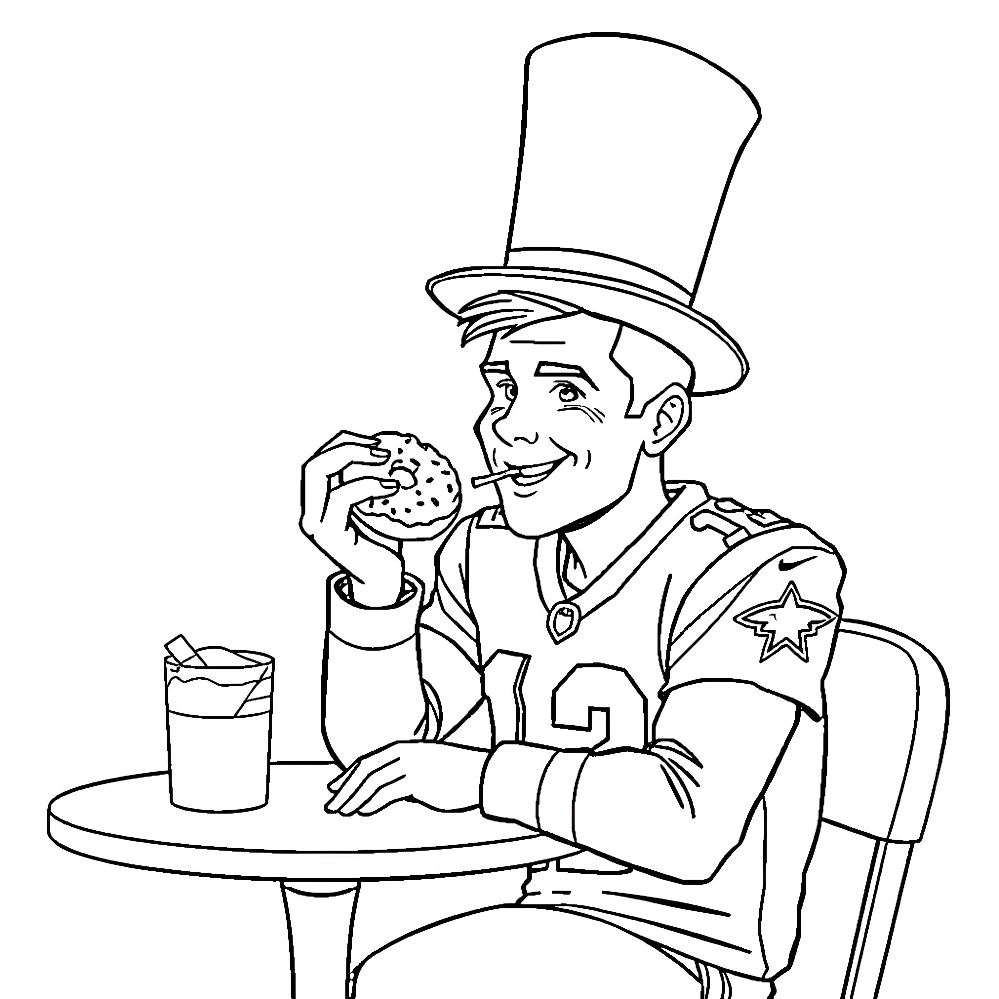 Tom Brady Enjoying a Burger and Soda Coloring Page (free black-and-white line drawing printable PDF for all, from beginners to advanced learners, including children, teens, adults, and seniors)