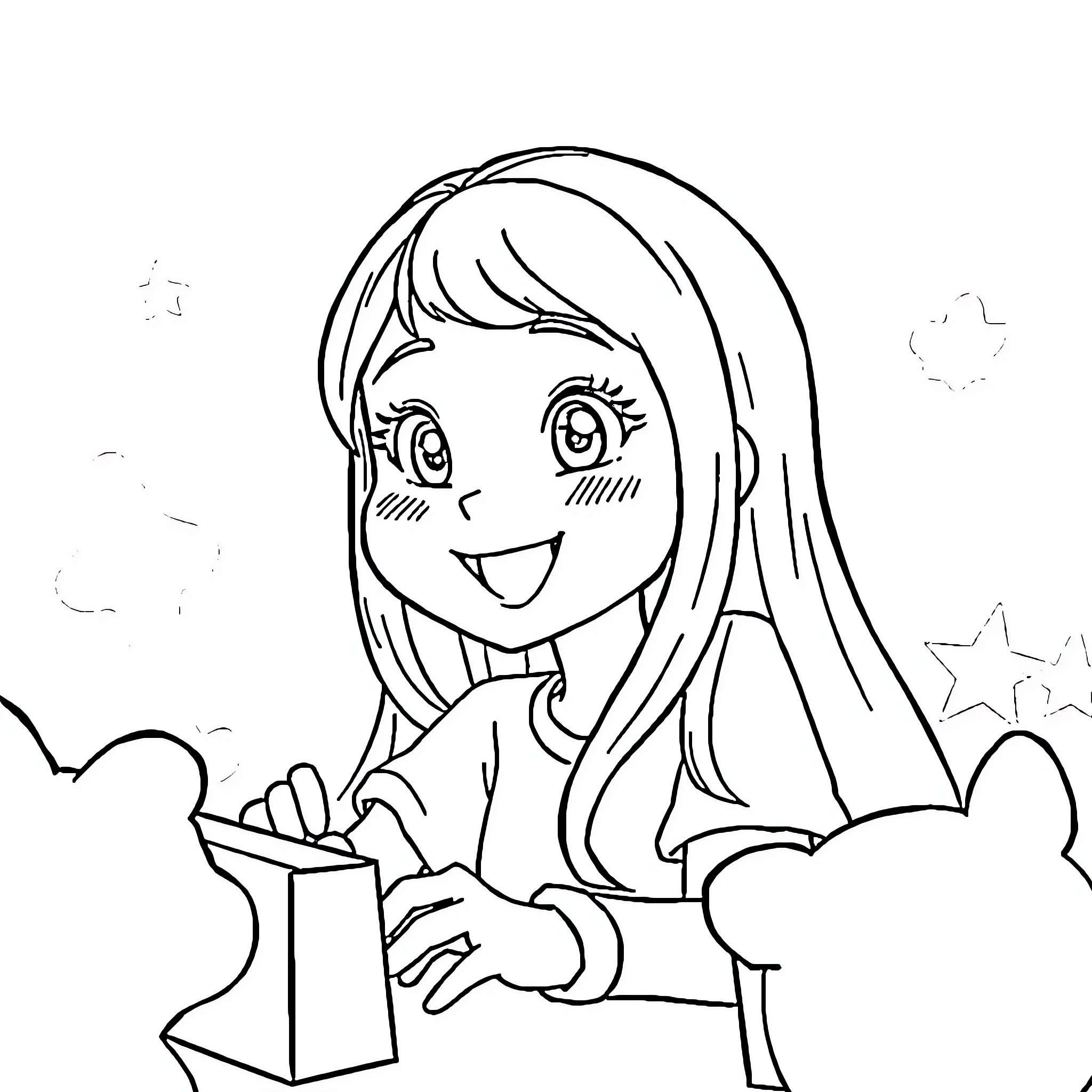 Aphmau playing joyfully with gift box in the starry night Coloring Page (free black-and-white line drawing printable PDF for all, from beginners to advanced learners, including children, teens, adults, and seniors)