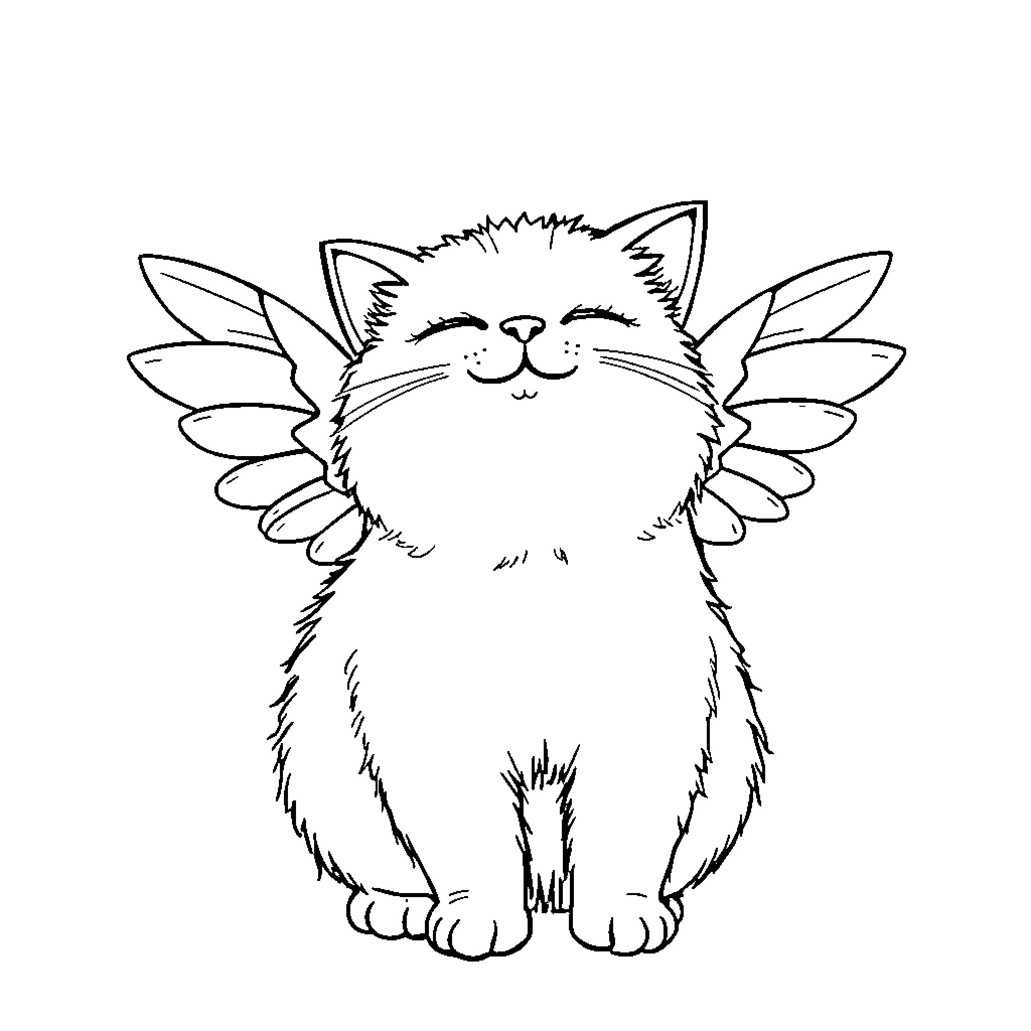 Cat with whimsical wings Coloring Page (free black-and-white line drawing printable PDF for all, from beginners to advanced learners, including children, teens, adults, and seniors)
