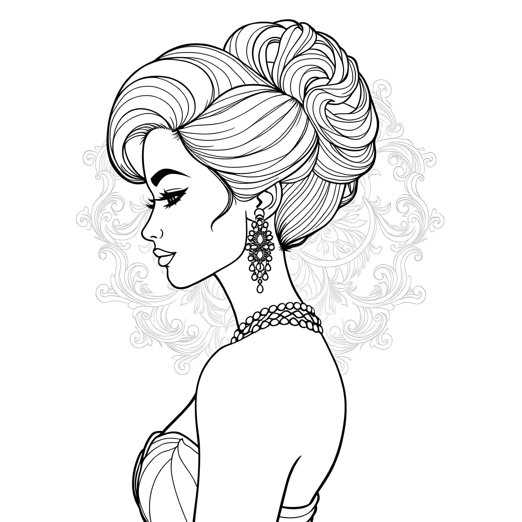 Woman with Stylish Updo and Elegant Accessories Coloring Page (free black-and-white line drawing printable PDF for all, from beginners to advanced learners, including children, teens, adults, and seniors)