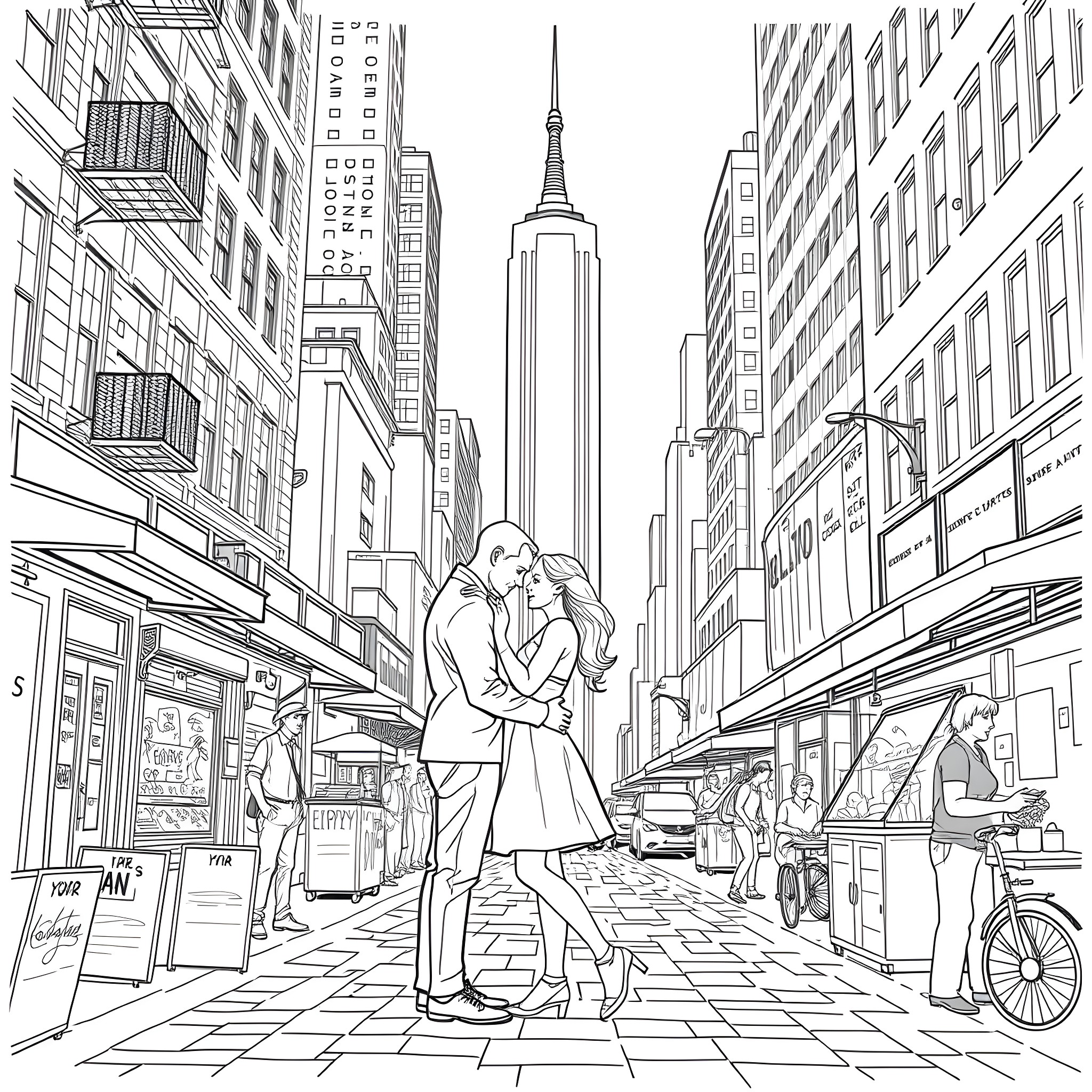 Love in the Big City Coloring Page (free black-and-white line drawing printable PDF for all, from beginners to advanced learners, including children, teens, adults, and seniors)