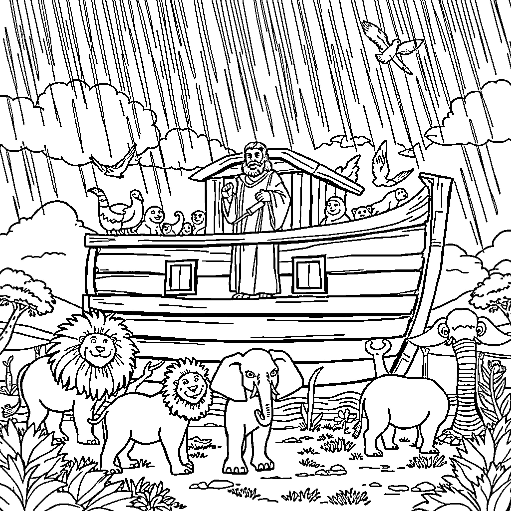 Noah's Ark Sheltering Animals During the Flood Coloring Page (free black-and-white line drawing printable PDF for all, from beginners to advanced learners, including children, teens, adults, and seniors)