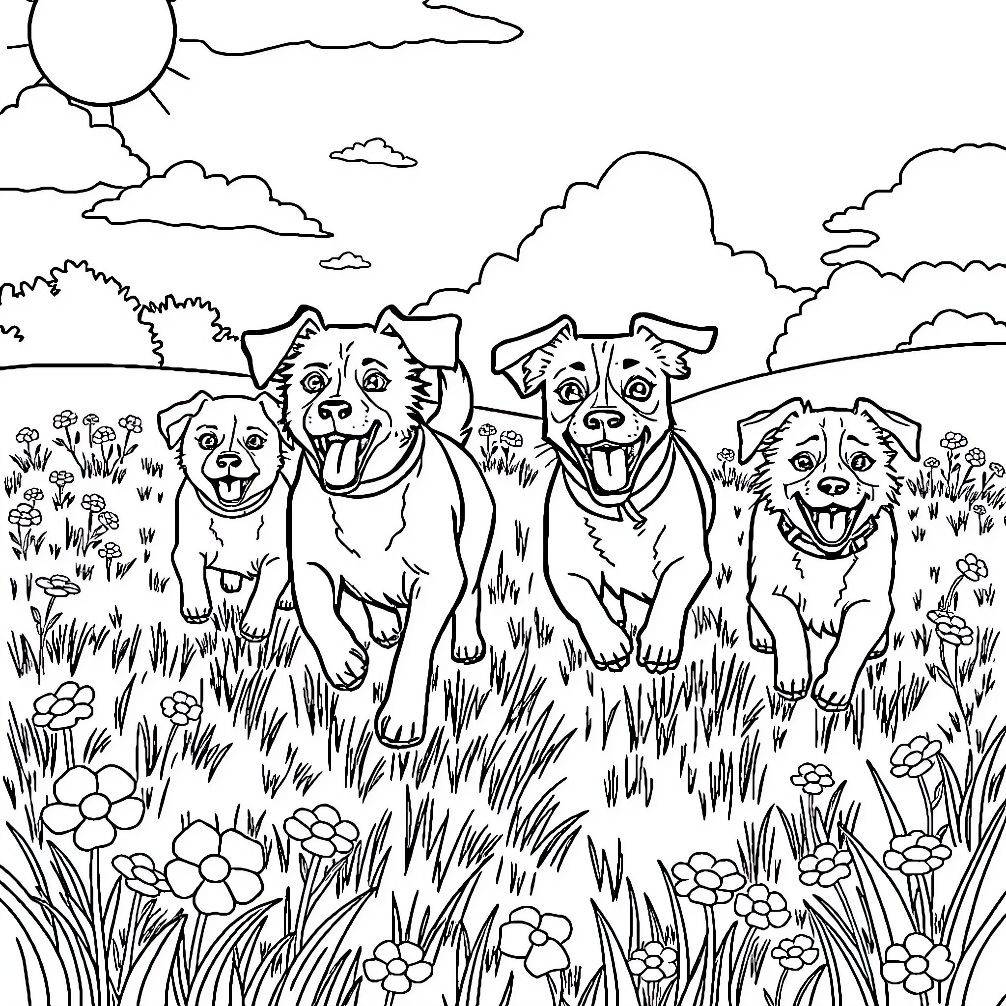 Dog friends exploring the outdoor meadow Coloring Page (free black-and-white line drawing printable PDF for all, from beginners to advanced learners, including children, teens, adults, and seniors)