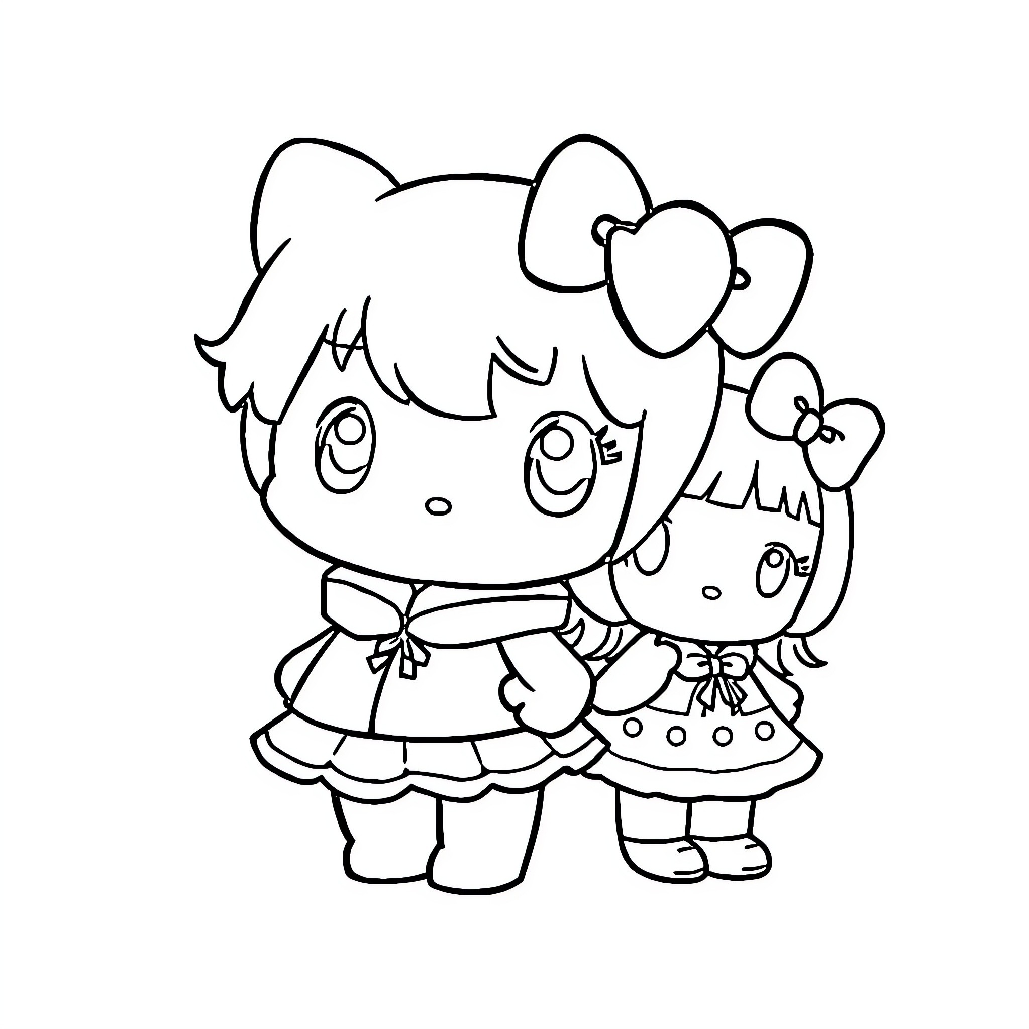 Sanrio Characters in Cute Outfits and Poses Coloring Page (free black-and-white line drawing printable PDF for all, from beginners to advanced learners, including children, teens, adults, and seniors)