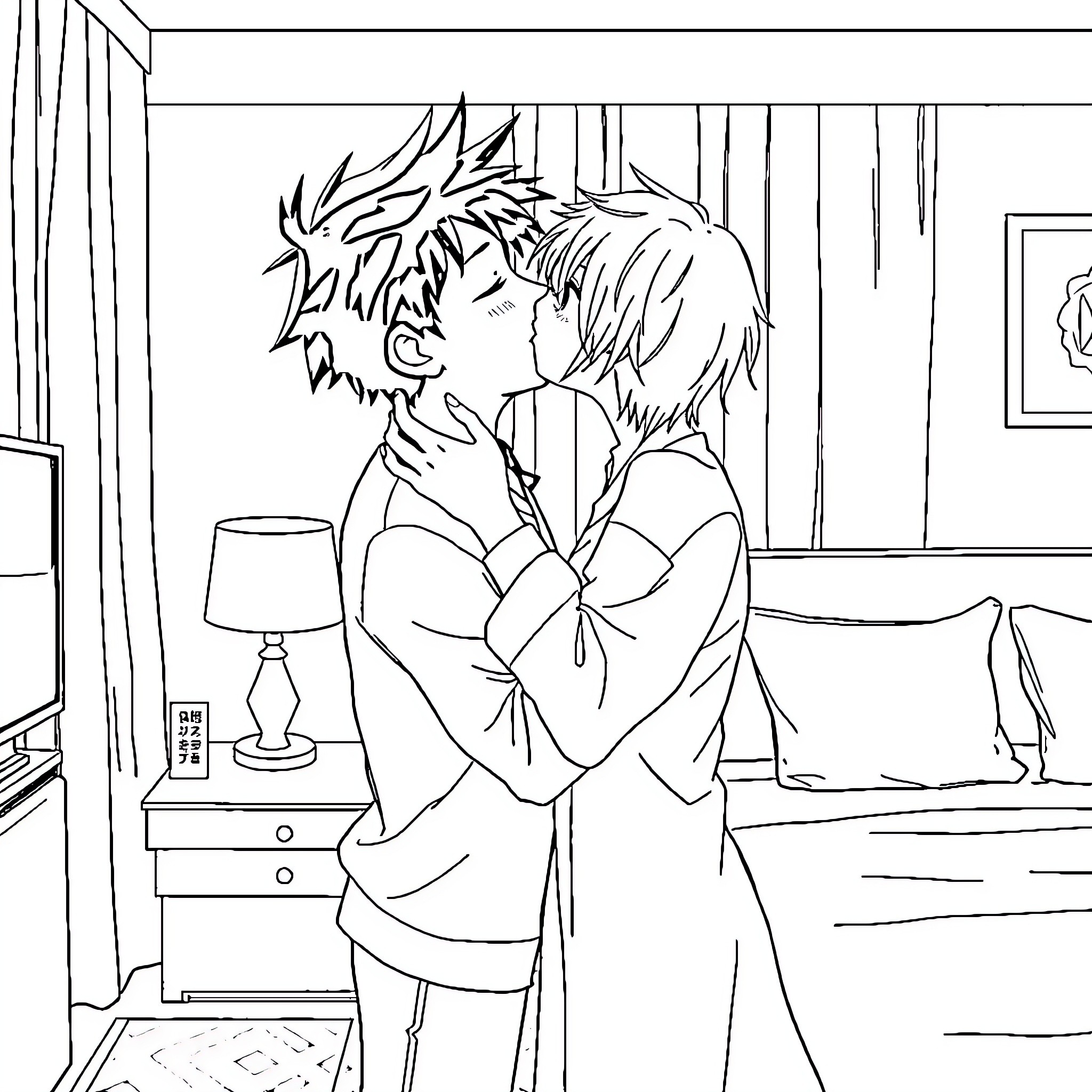 Katsuki Bakugo and close friend in intimate embrace Coloring Page (free black-and-white line drawing printable PDF for all, from beginners to advanced learners, including children, teens, adults, and seniors)