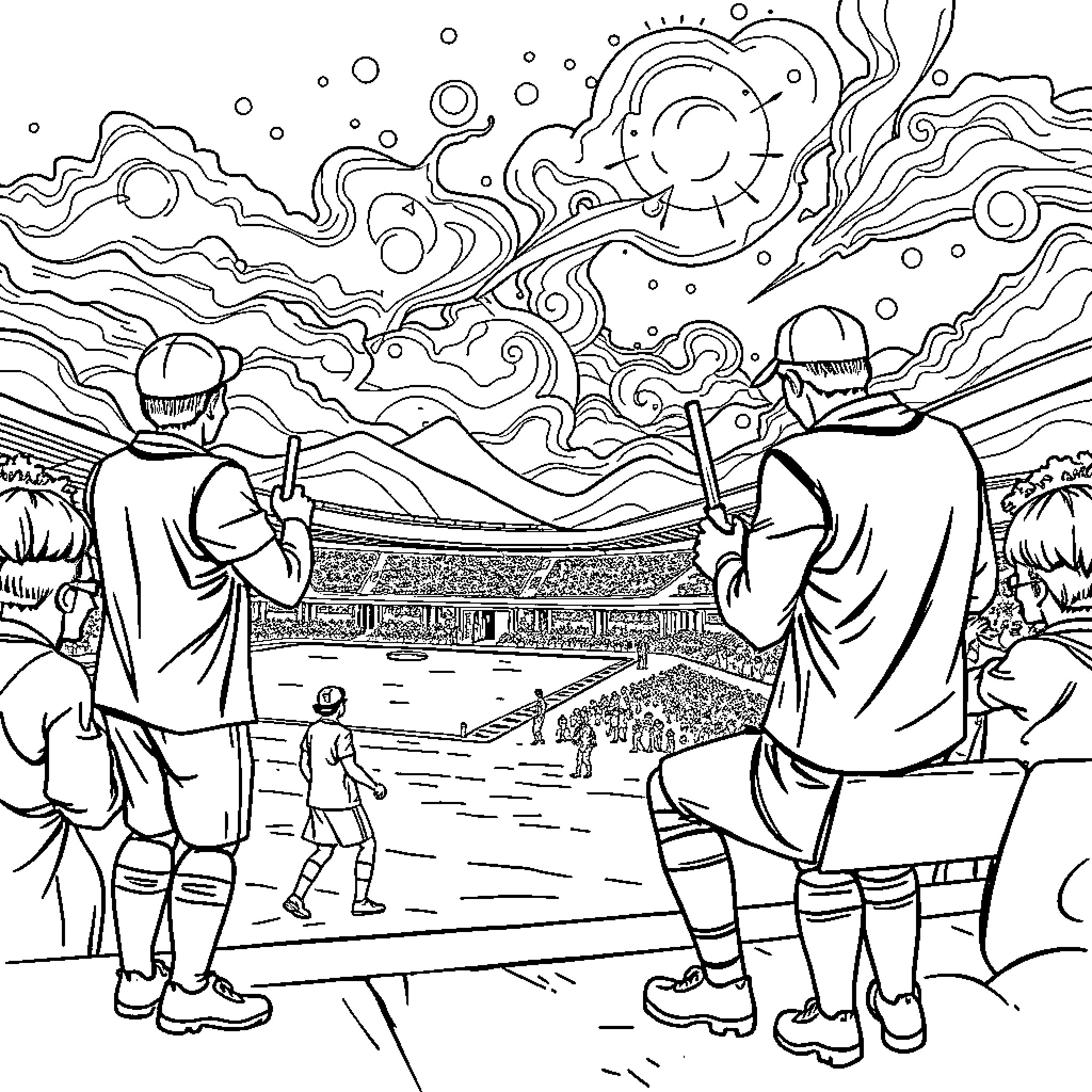 Football players in surreal landscape Coloring Page (free black-and-white line drawing printable PDF for all, from beginners to advanced learners, including children, teens, adults, and seniors)