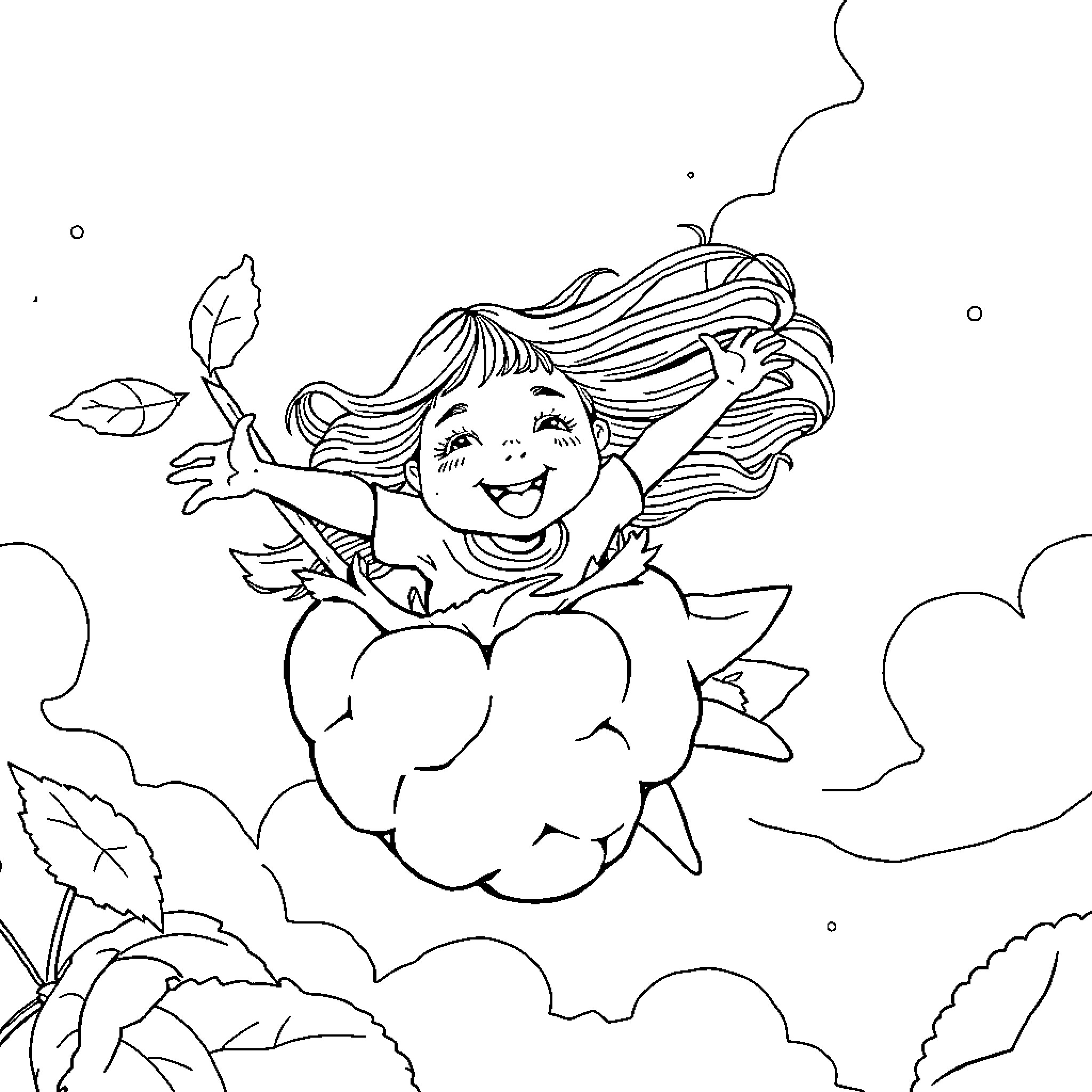 Girl playing joyfully in a cloud of flowers Coloring Page (free black-and-white line drawing printable PDF for all, from beginners to advanced learners, including children, teens, adults, and seniors)
